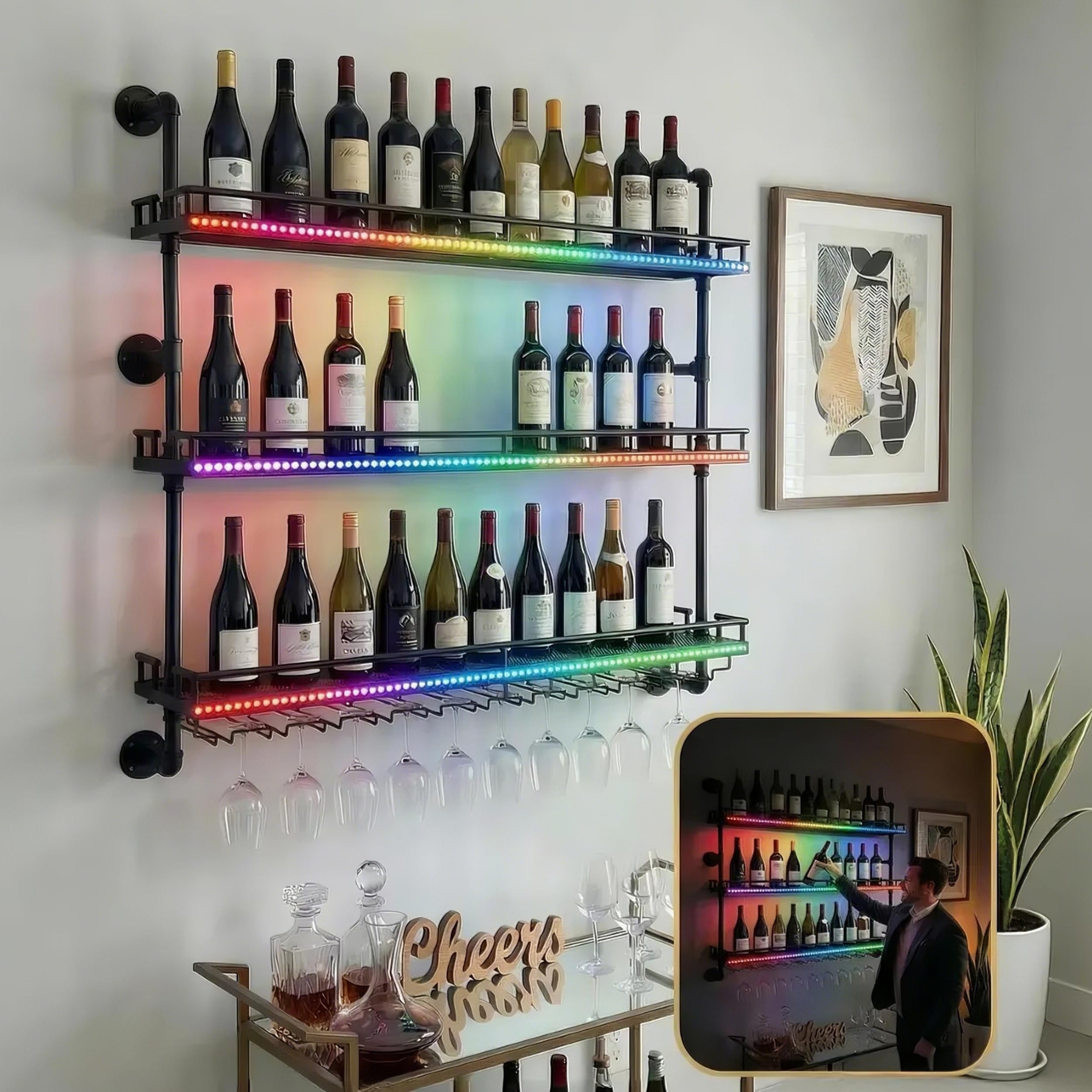 Industrial Pipe Wine Rack Wall Mounted with LED Light,48 Inch 3 tier Floating Bar Shelves Wine Bottle Display Shelf with Glass Holder , Metal Large Wall Wine Glass Rack for Home Bar & Dining Room