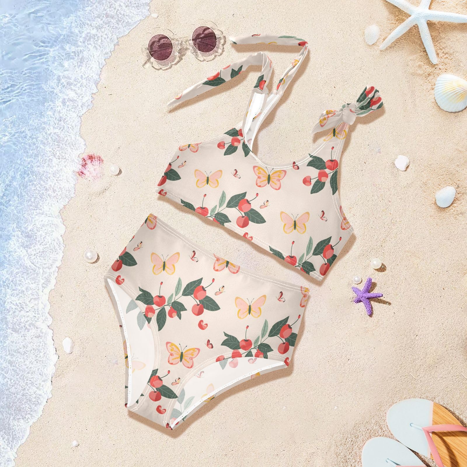 Cherry Butterfly Girls Two Piece Tankini Swimsuits Summer Bathing Suit Beach Swimwear Set, 9-10T