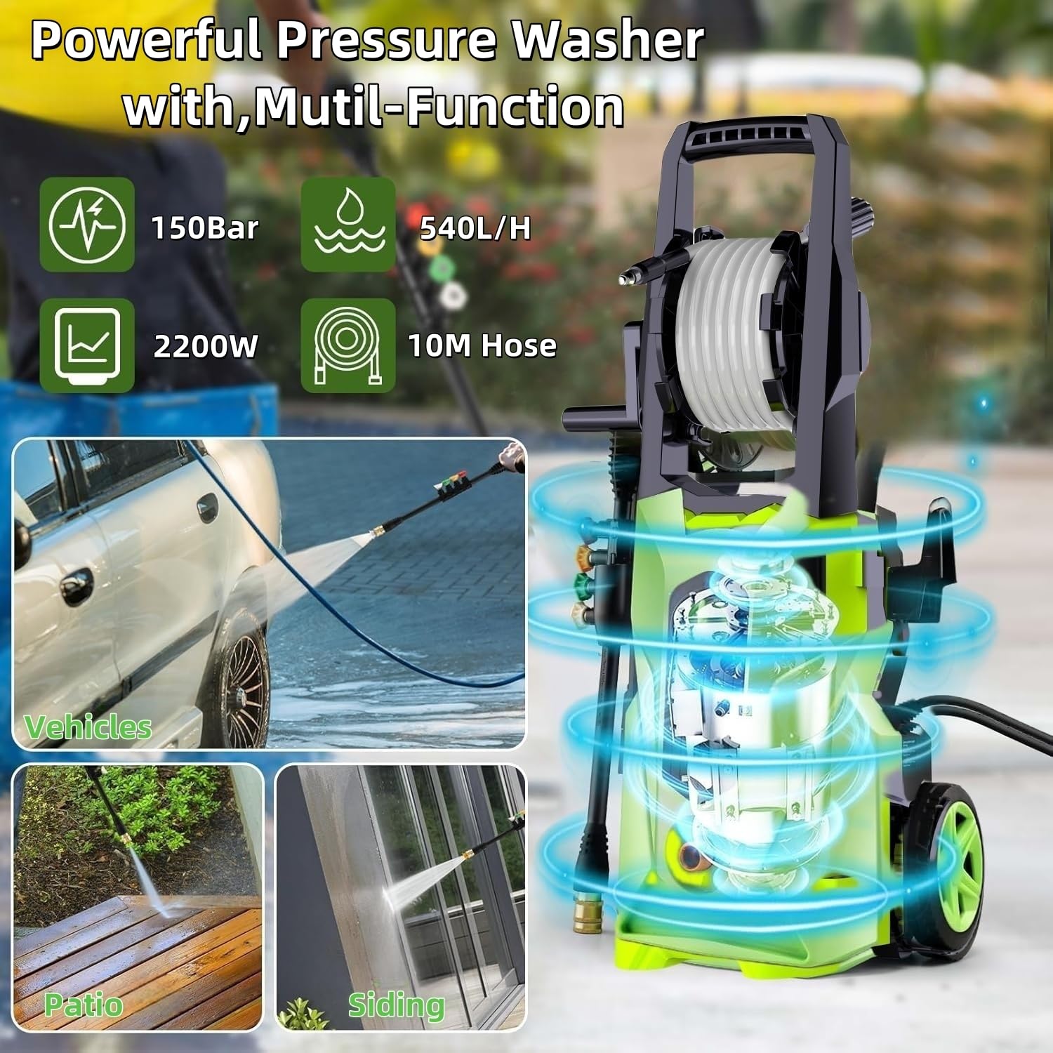 Hidrolimpiadora de Alta Presion, 2200W 150Bar Presión de Trabajo, Caudal 540L/H con Boquilla Ajustable, Hidrolimpiadora Profesional para Coches, Vallas, Patios | Manguera de 10 m Incluida