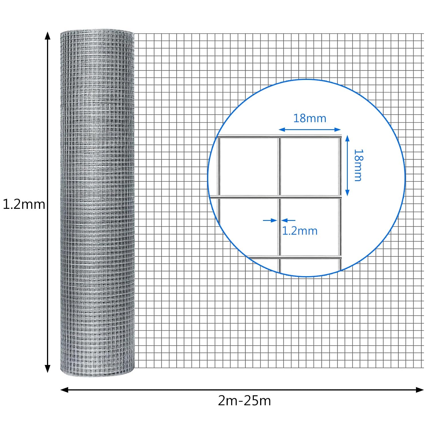 1 Rotolo 18x18mm Rete Metallica Zincata, Rete Della Gabbia Del Coniglio, Facile Tagliare E Fare Diritto, Giardinaggio Strato Della Rete Del Recinto,(1.2x2m)