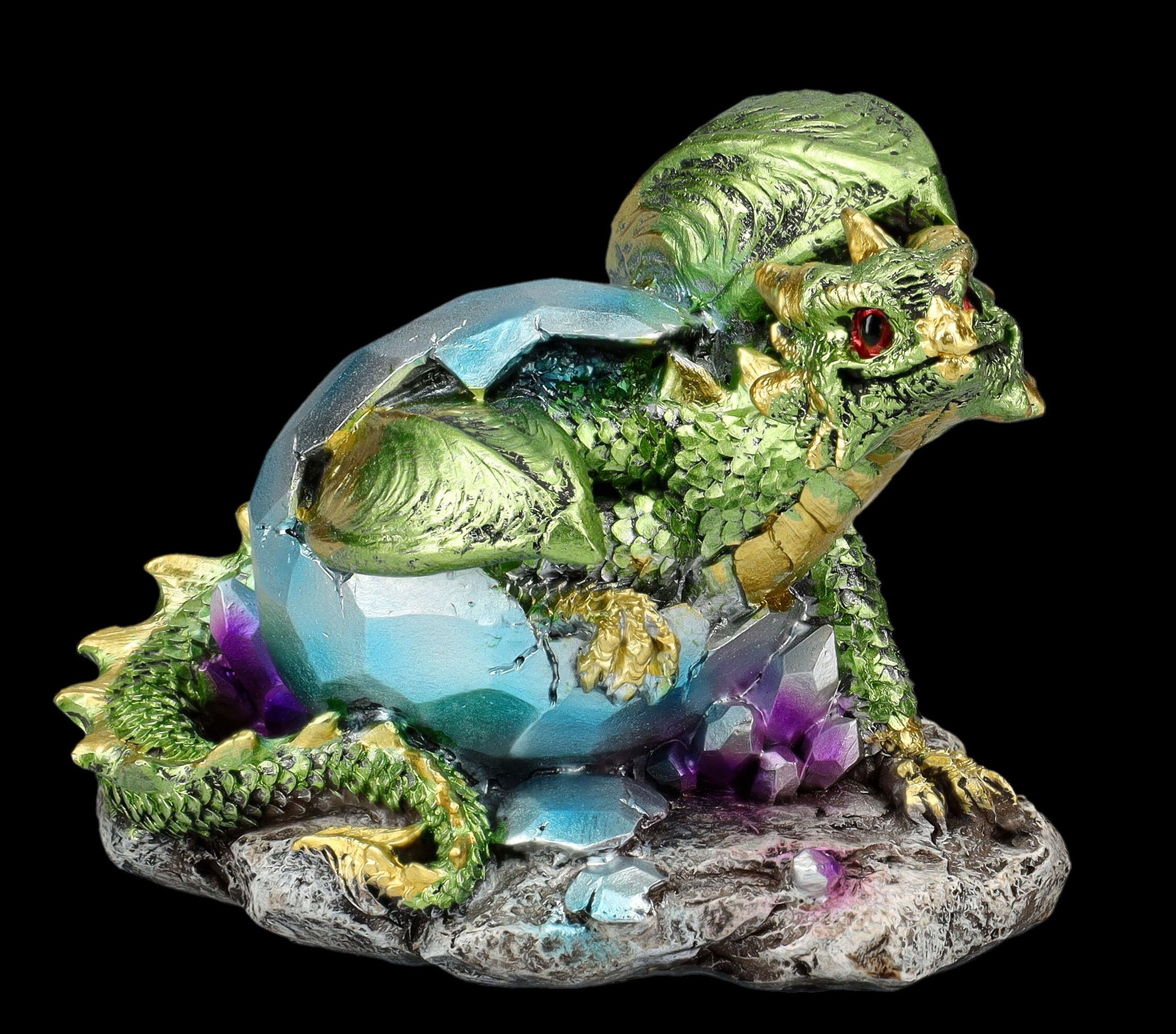 Figuren Shop GmbH Zauberhafte Kristallwächter Drachenbabys: 2er Set, Grün & Lila, Eier in Kristalloptik, 9 cm, Drache Figur Deko