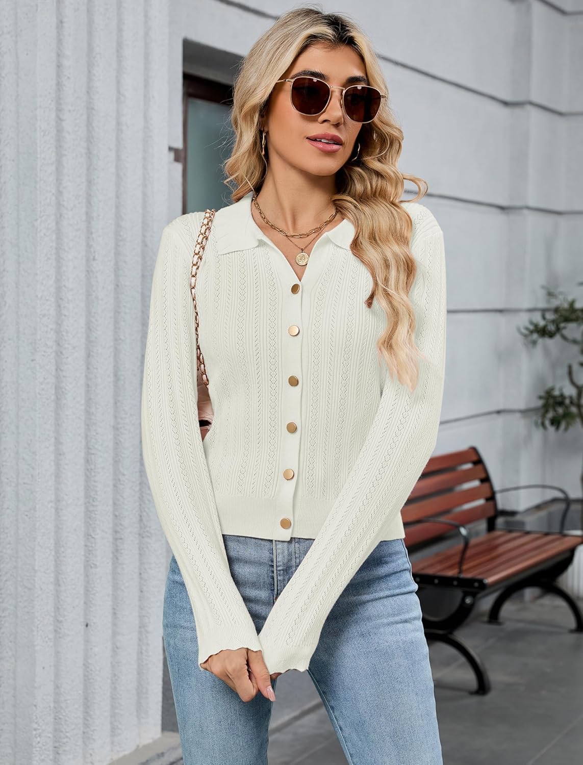 ZAFUL Cropped Cardigan Sweaters for Women 2025 Collared Button Down Long Sleeve Crochet Knit Shrugs Fall Outfits Clothes - Image 4