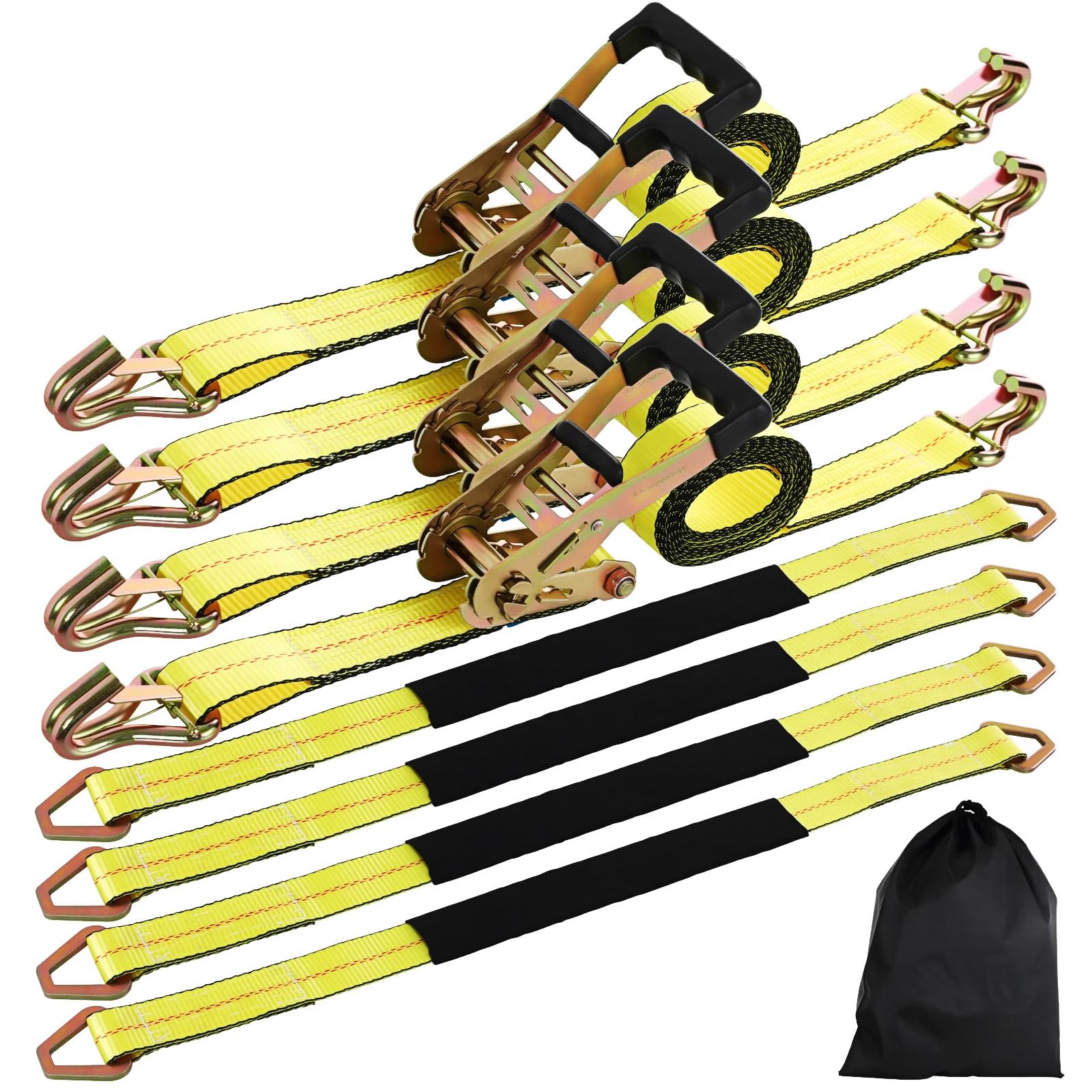 TLGREEN 4-Pack Wheel and Axle Strap Kit, 10,000 lb, J Hooks, Yellow