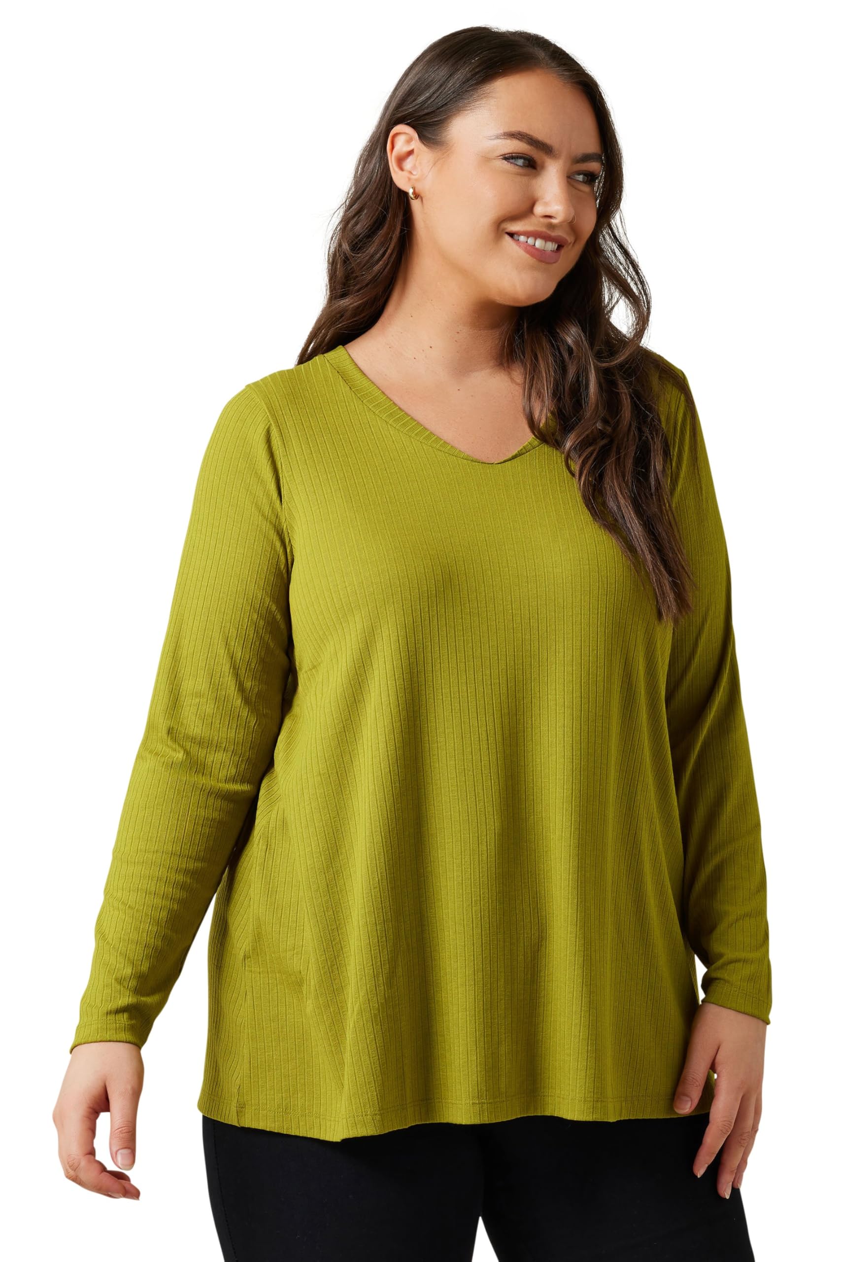 Evans Women's Green Curve Chartreuse Premium Ribbed Modal Blend Swing Top - Plus Size Curve