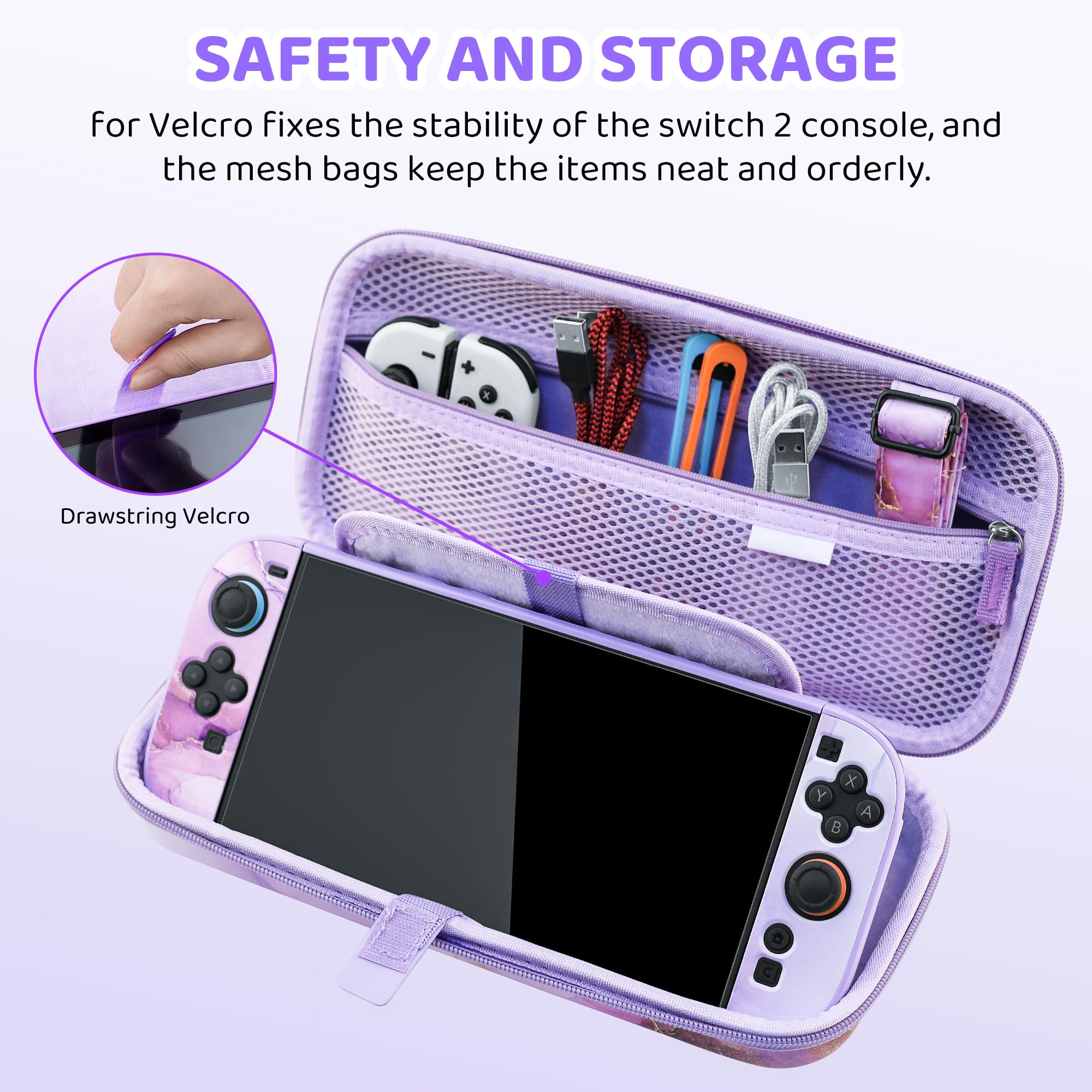 FUNDIARY Custodia da viaggio per Nintendo Switch 2 con design marmo viola, accessori carini con custodia portatile, custodia protettiva agganciabile, pellicola proteggi schermo, tracolla e 2 tappi per