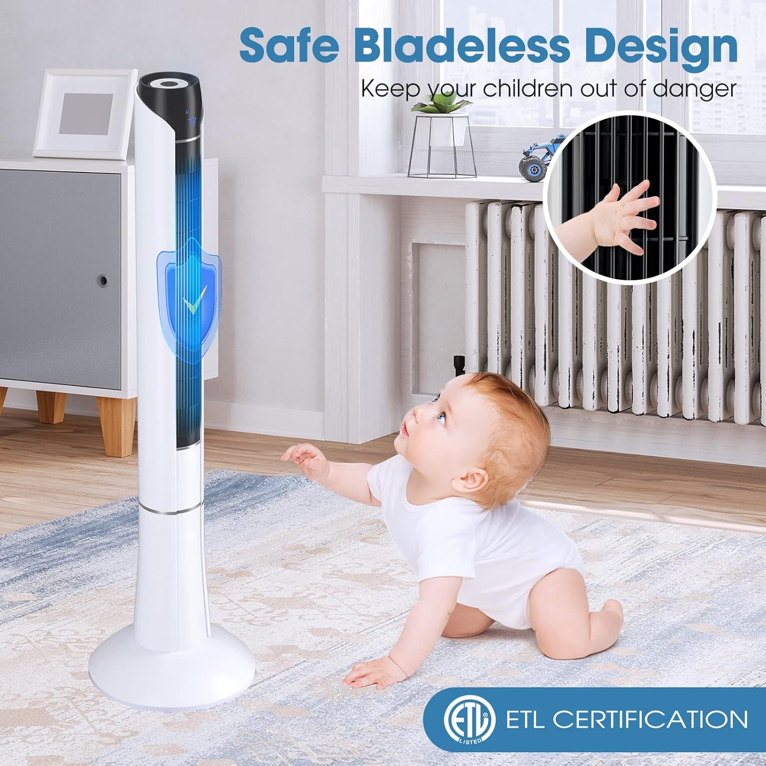 LDAILY 48” Tower Fan, 80 °Oscillating Bladeless Fan w/Remote Control, LED Display, 15H Timer, 3 Speeds, 3 Modes, Portable Quiet Standing Fan for Living Room Bedroom Office