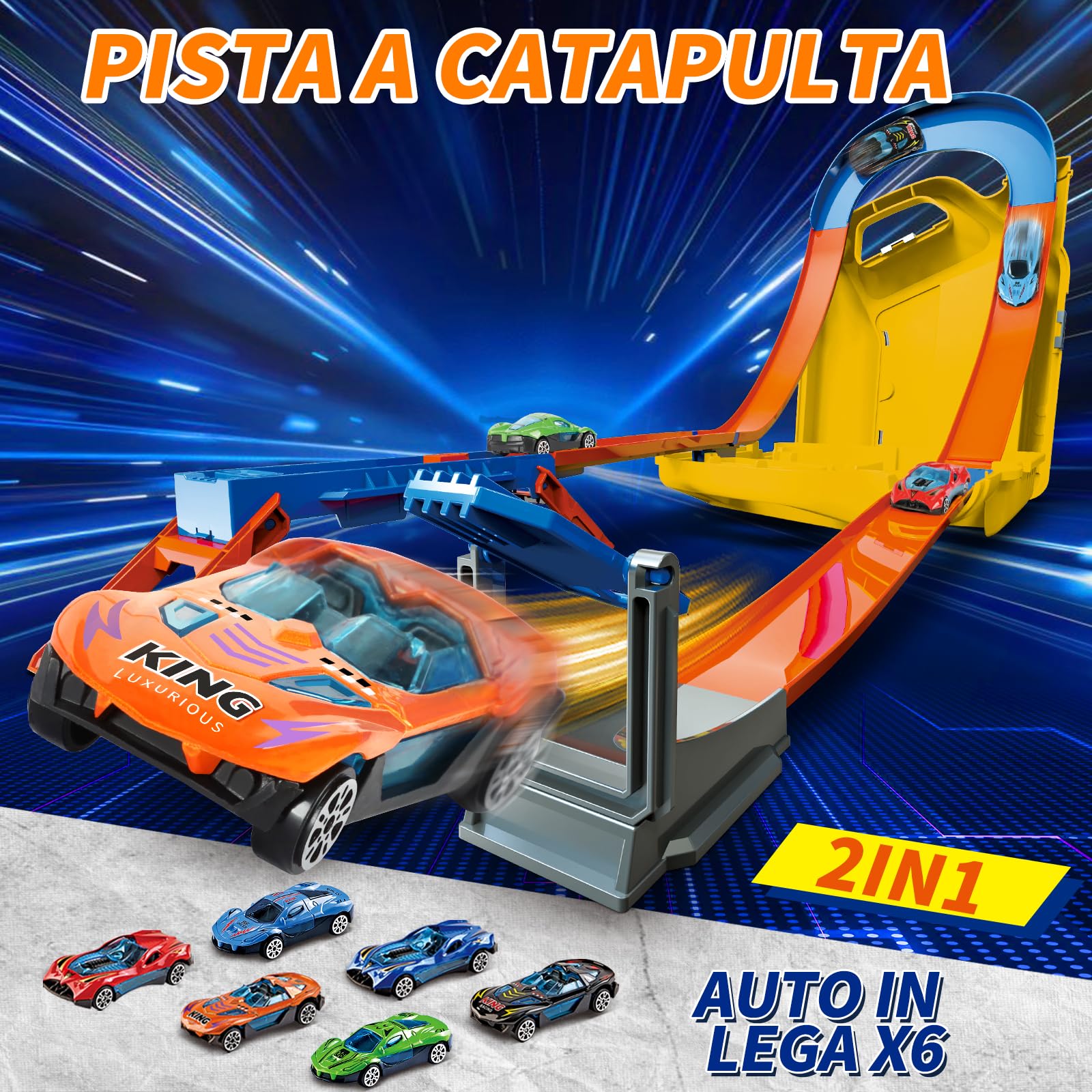 Charmofun Pista Macchinine 2 in1, Giocattolo Piste da Corsa con 6 Auto, Scatola Immagazzinaggio, Piste Macchinine per Bambini con Anello e Binari a U, Portatile Pista per Bambini 3+ Anni (Giallo)