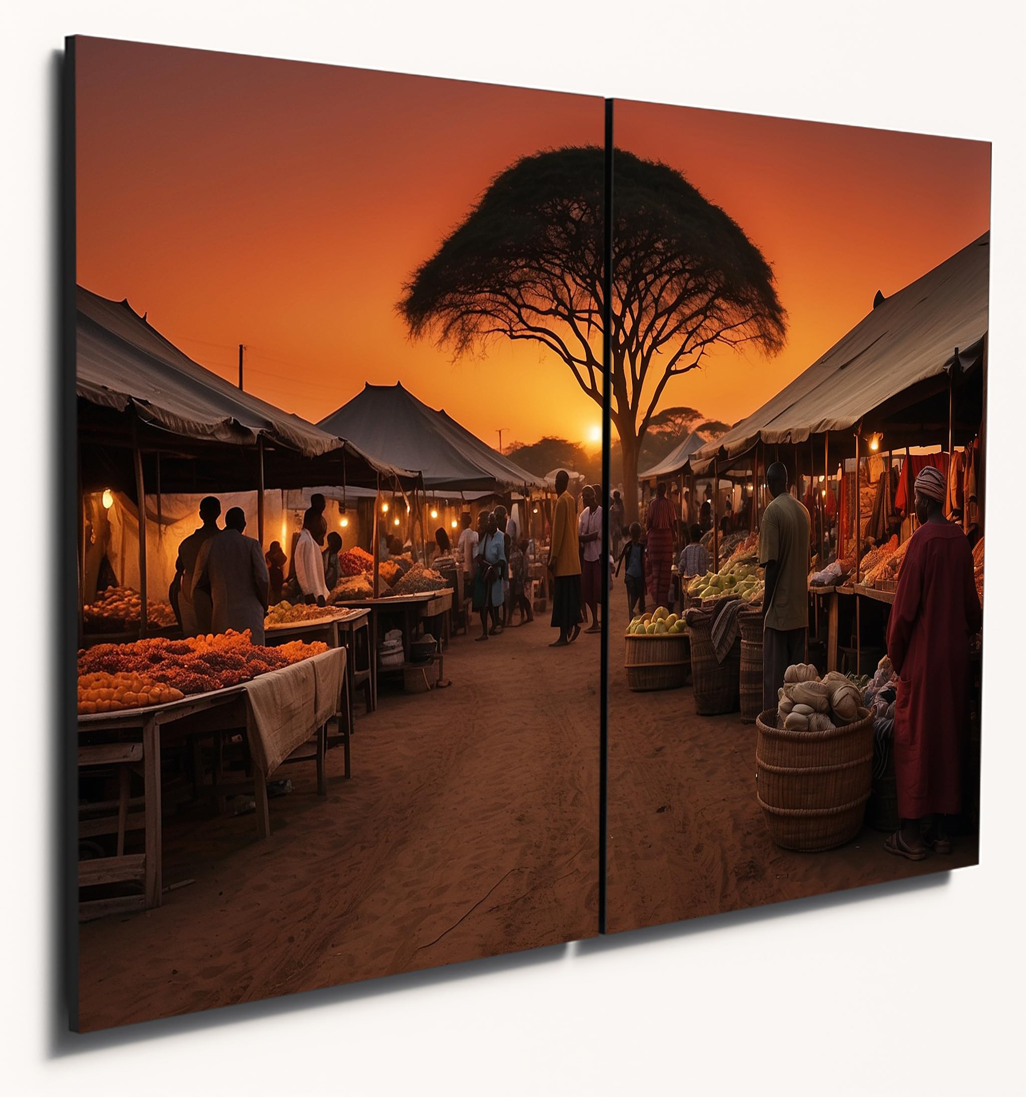 The Plum Penguin South African Market Sunset Scene Wall Art, A4 Dual MDF Wood Panels Canvas Alternative 40 x 30cm