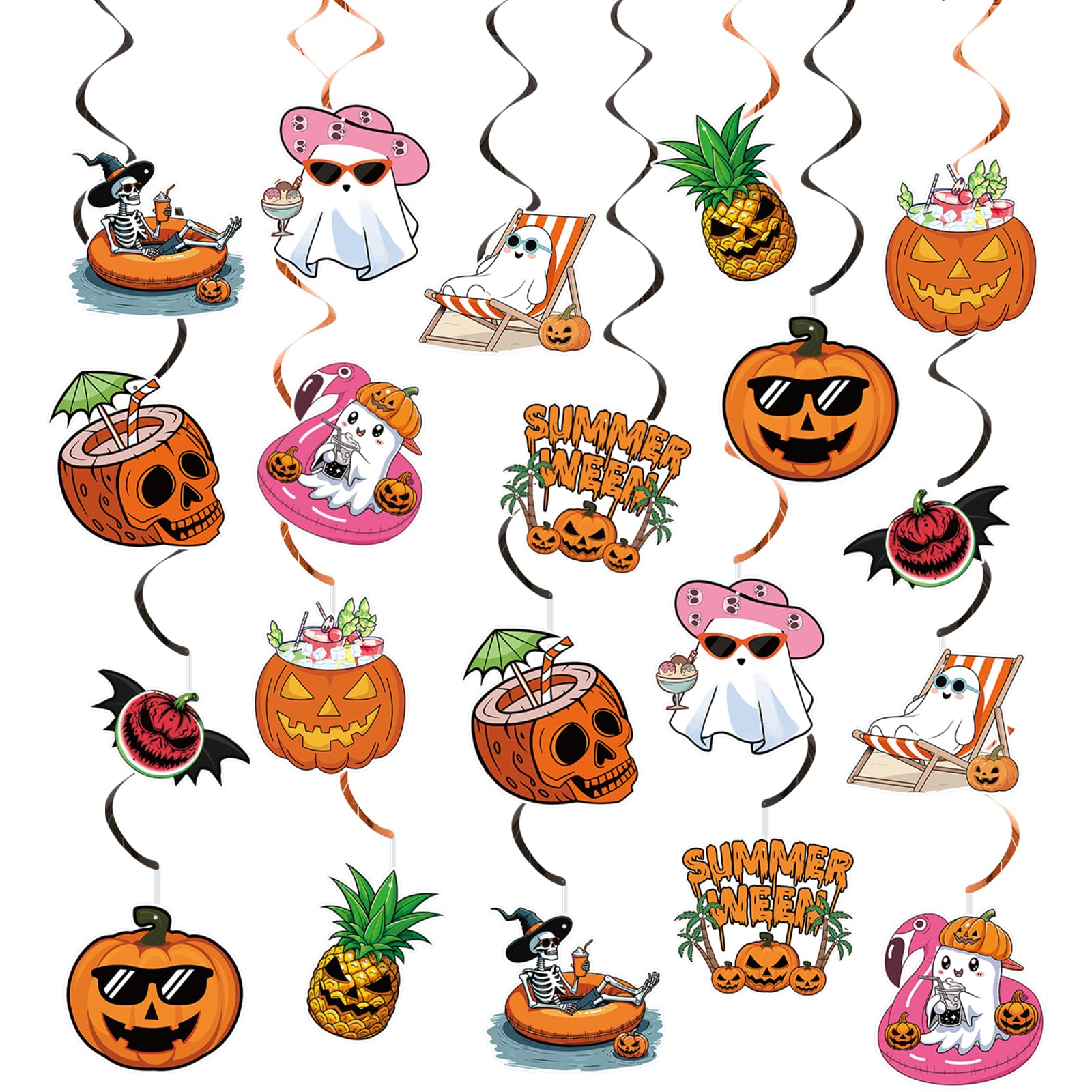 Photo 1 of 20PCS Summerween Decorations Summer Halloween Hanging Swirls Summerween Party Decorations with Hallowee Pattern Card Swirls Hallowee In Summerday, Summer Halloween Party Decoration