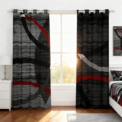 Miniatura 31 de Cortinas cuadradas grises, negras, rojas, blancas, con cuadrícula geométrica para niños, niñas, adolescentes, cortinas de tratamiento de ventanas