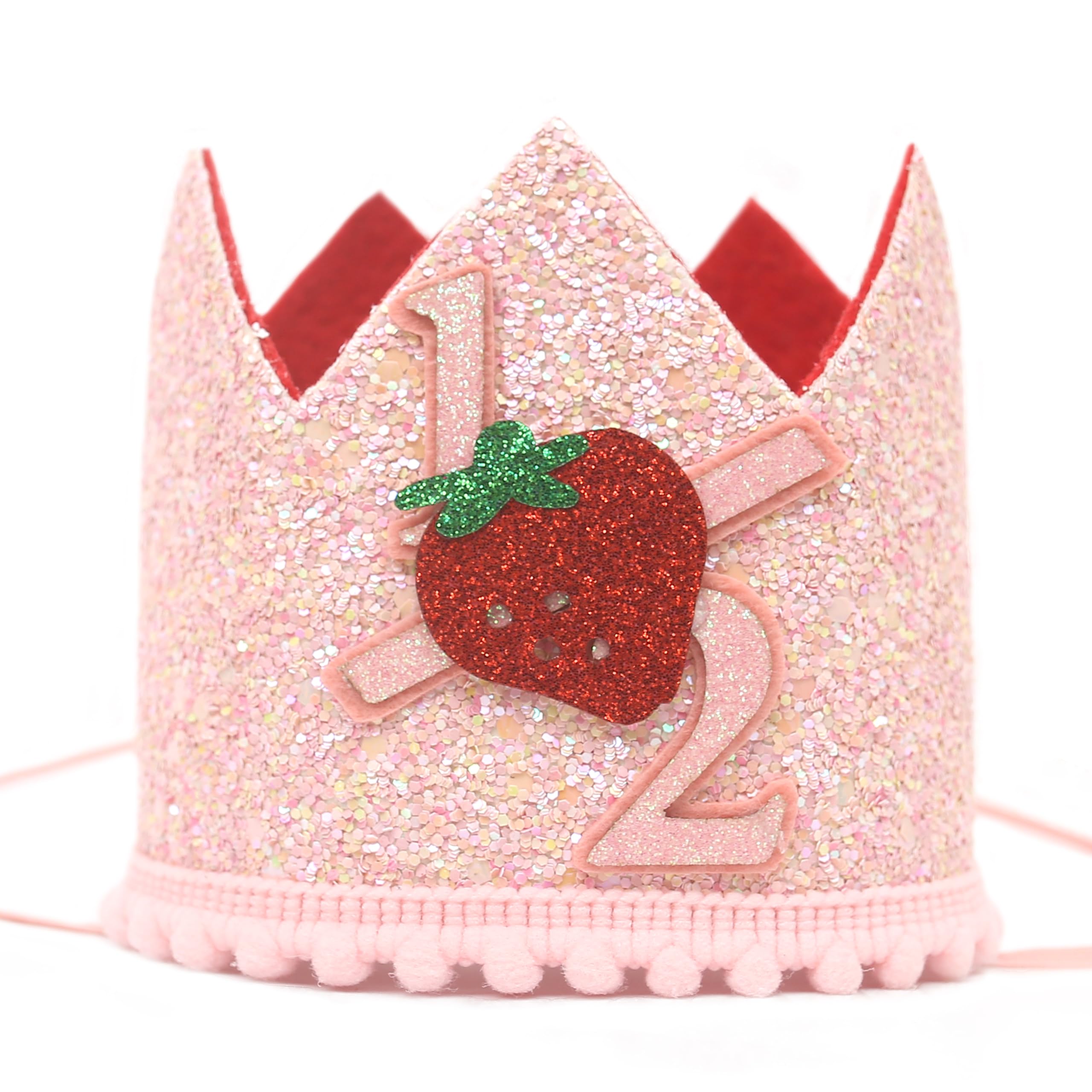FUTNH Half Birthday Crown for Baby Girl - Berry Sweet Pink Glistening Party Supplies, 6 Months Strawberry Cake Smash Decor, Strawberry Theme Photo