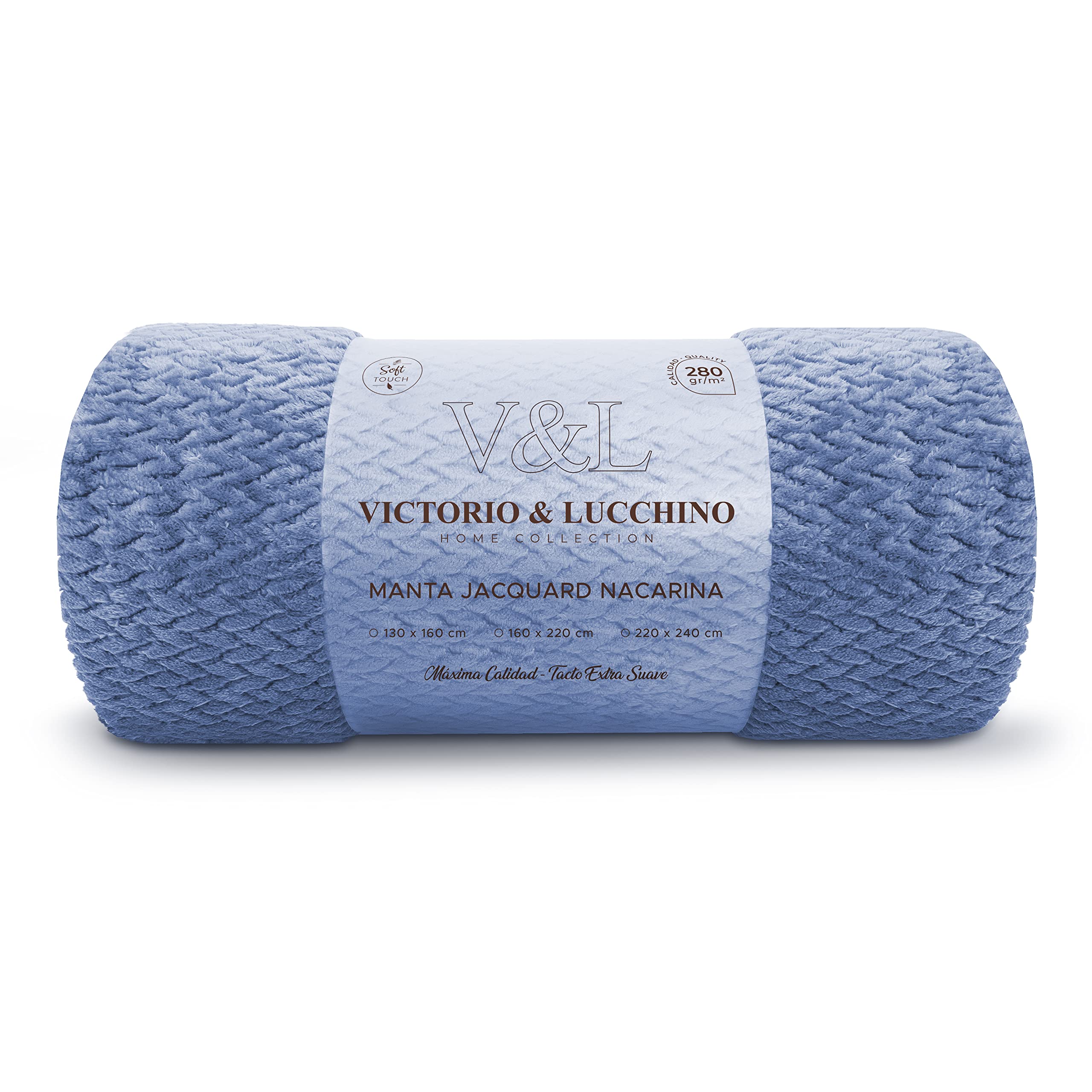 Victorio & Lucchino Flannel Blanket for Sofa or Bed, Extra Soft Microfibre (VL-80517 Jacquard-Blue, 130x160 cm)