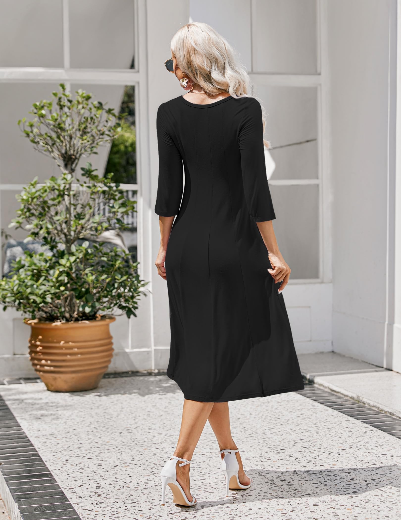 Hotouch Robe tunique élégante pour femme - Col rond - Manches 3/4 - Coupe trapèze - Avec poches - Taille S à 3XL