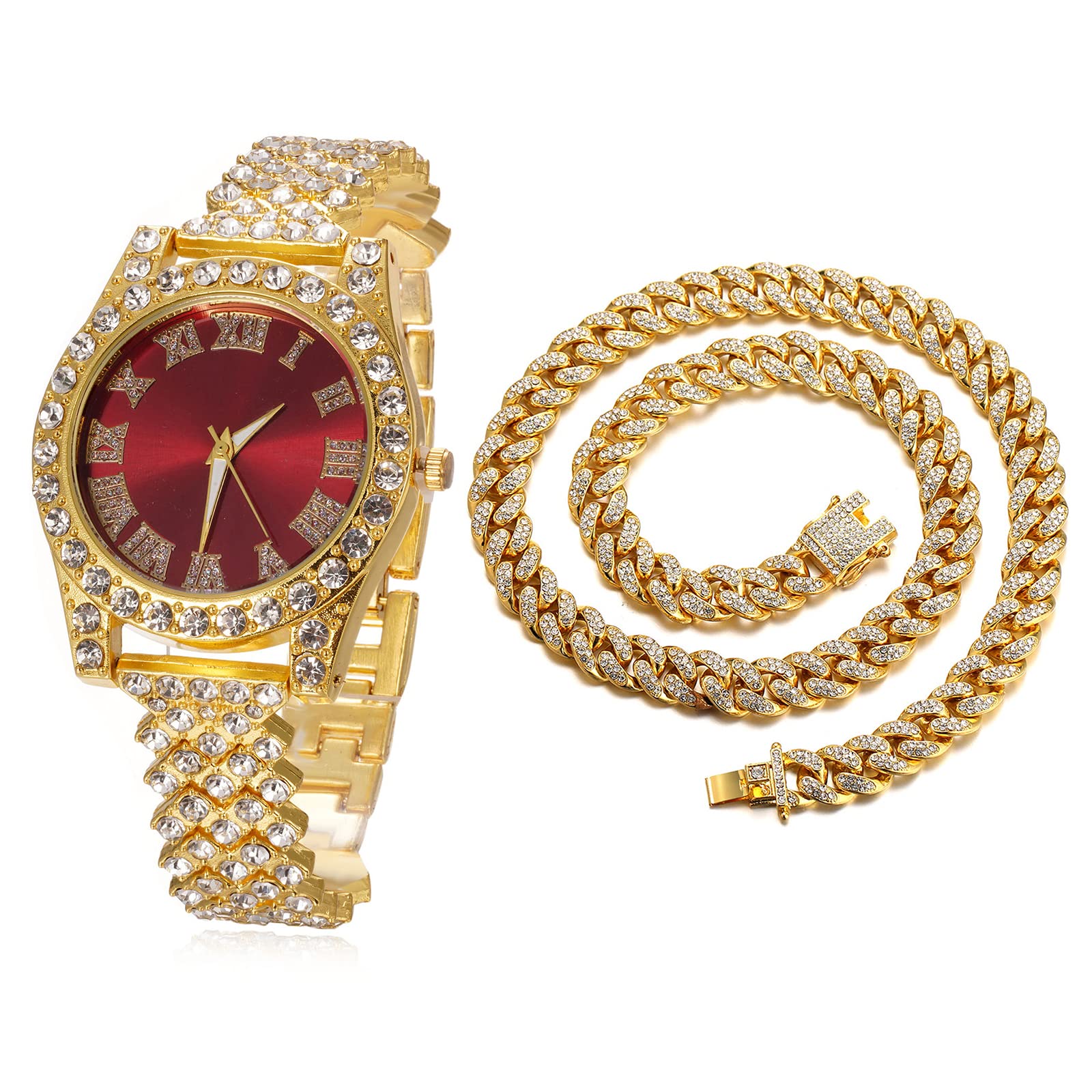 Halukakah Diamonds Gold Watch Iced Out, Kid's 18K Real Gold/Platinum White Gold Plated 36MM Width Green/Blue/Red Dial Quartz Wristband 8" with Cuban Link Chain 7"+16" Necklace Bracelet, Free Giftbox