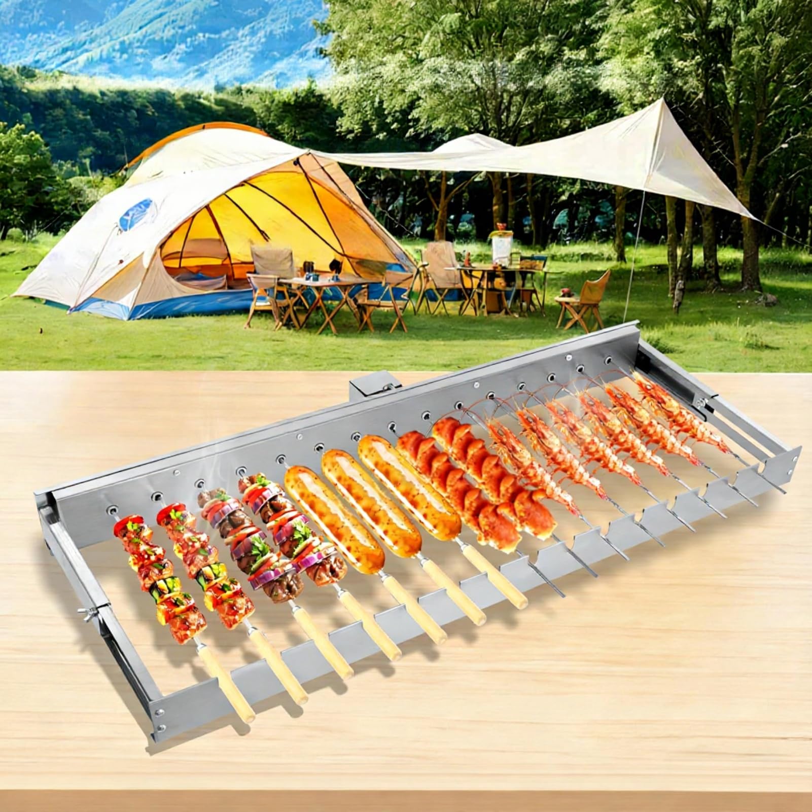 Elektryczny grill obrotowy ze stali nierdzewnej, regulowany obszar gotowania 16-30 cm, USB, automatyczny ruszt do grillowania, grill na węgiel drzewny, na piknik, imprezę ogrodową, do domu, na