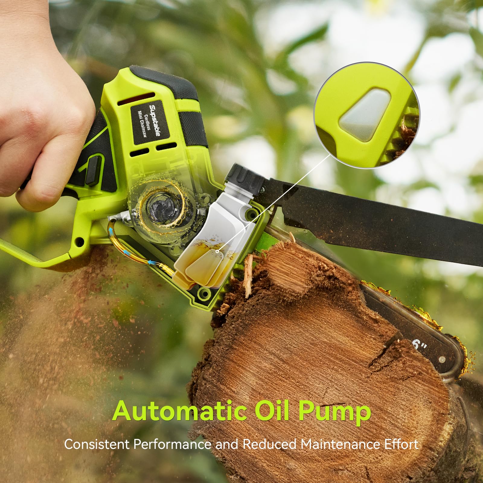 Supstable Mini Kettensäge mit Akku 6 Zoll, 8000 mAh Astsäge mit Automatischem Öler, 800W Bürstenloser Motor, 2 Akkus, 2 Ersatzketten und Ladegerät, Einhand Akkusäge für Garten & Baum