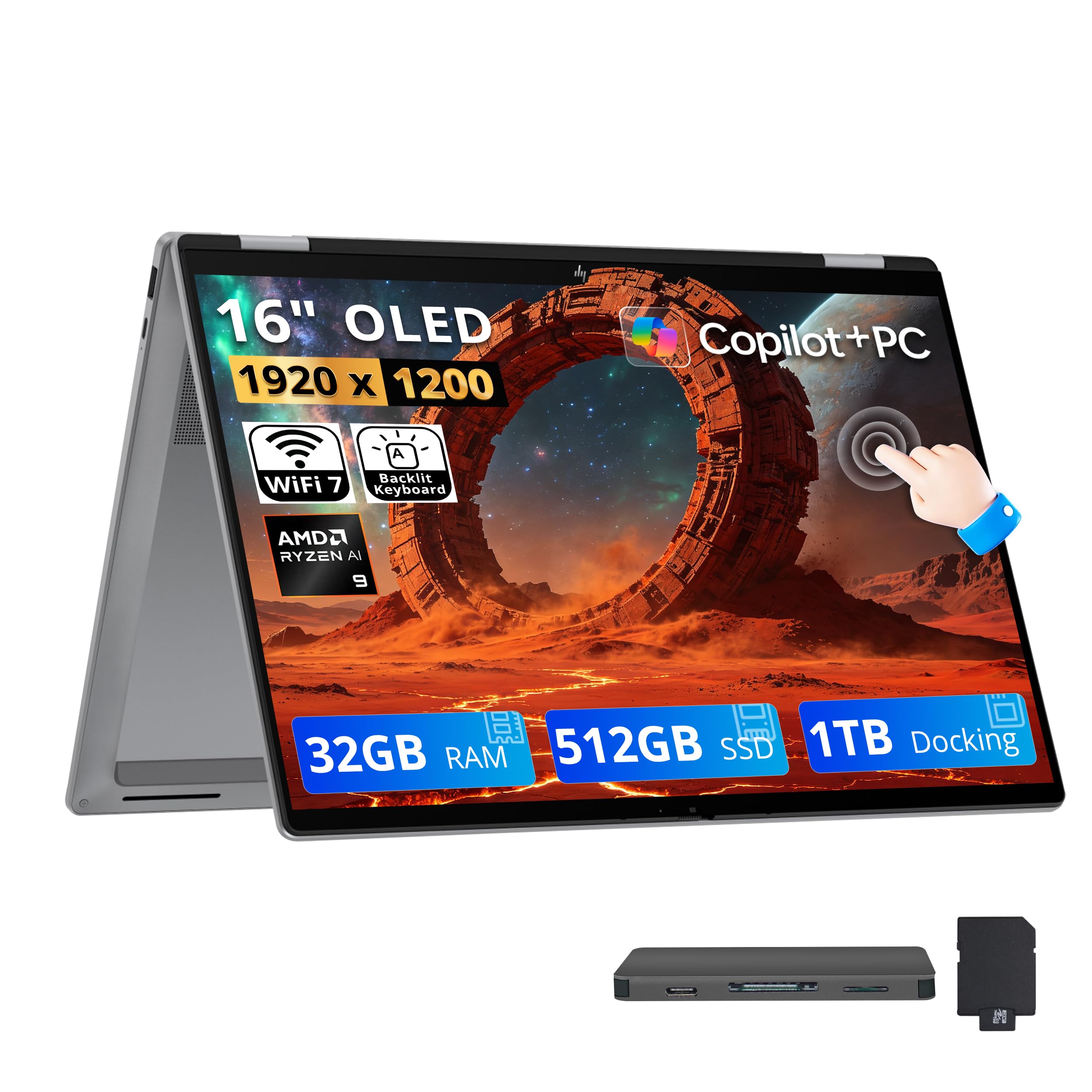 OmniBook X Flip 2-in-1 16" FHD+ OLED Touchscreen Laptop, AMD Ryzen AI 9 465, 32GB LPDDR5X…