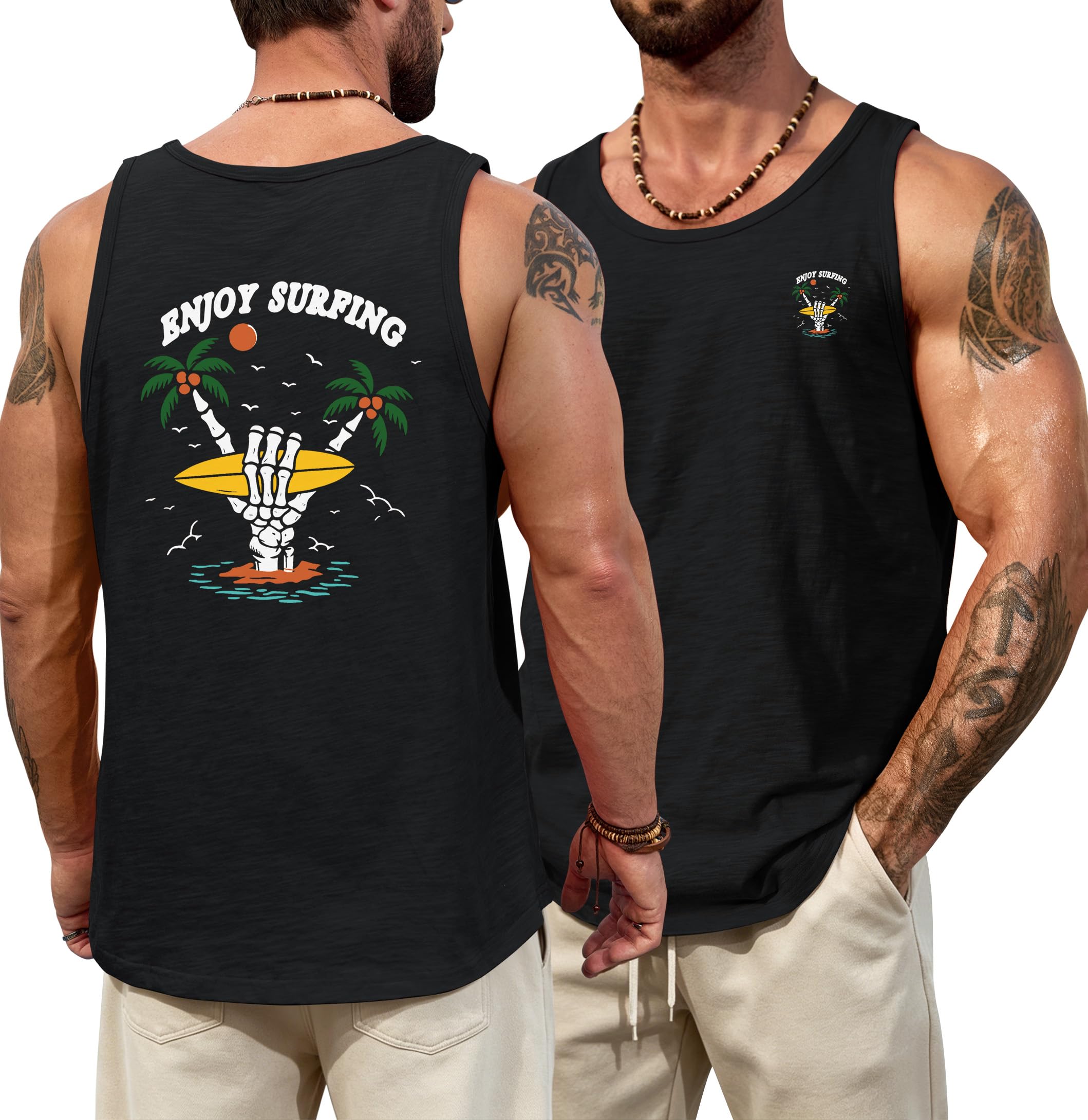 VOGSTART Mens Graphic Muscle Tank Top Beach Slub Cotton Sleeveless Shirts