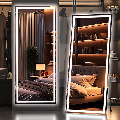 Hasipu Espejo de longitud completa con luces, 67 x 24 pulgadas, espejo LED de pie iluminado templado, espejo de cuerpo completo con atenuaciĂłn e Hasipu Espejo de longitud completa con luces, 67 x 24 pulgadas, espejo LED de pie iluminado templado, espejo de cuerpo completo con atenuaciĂłn e