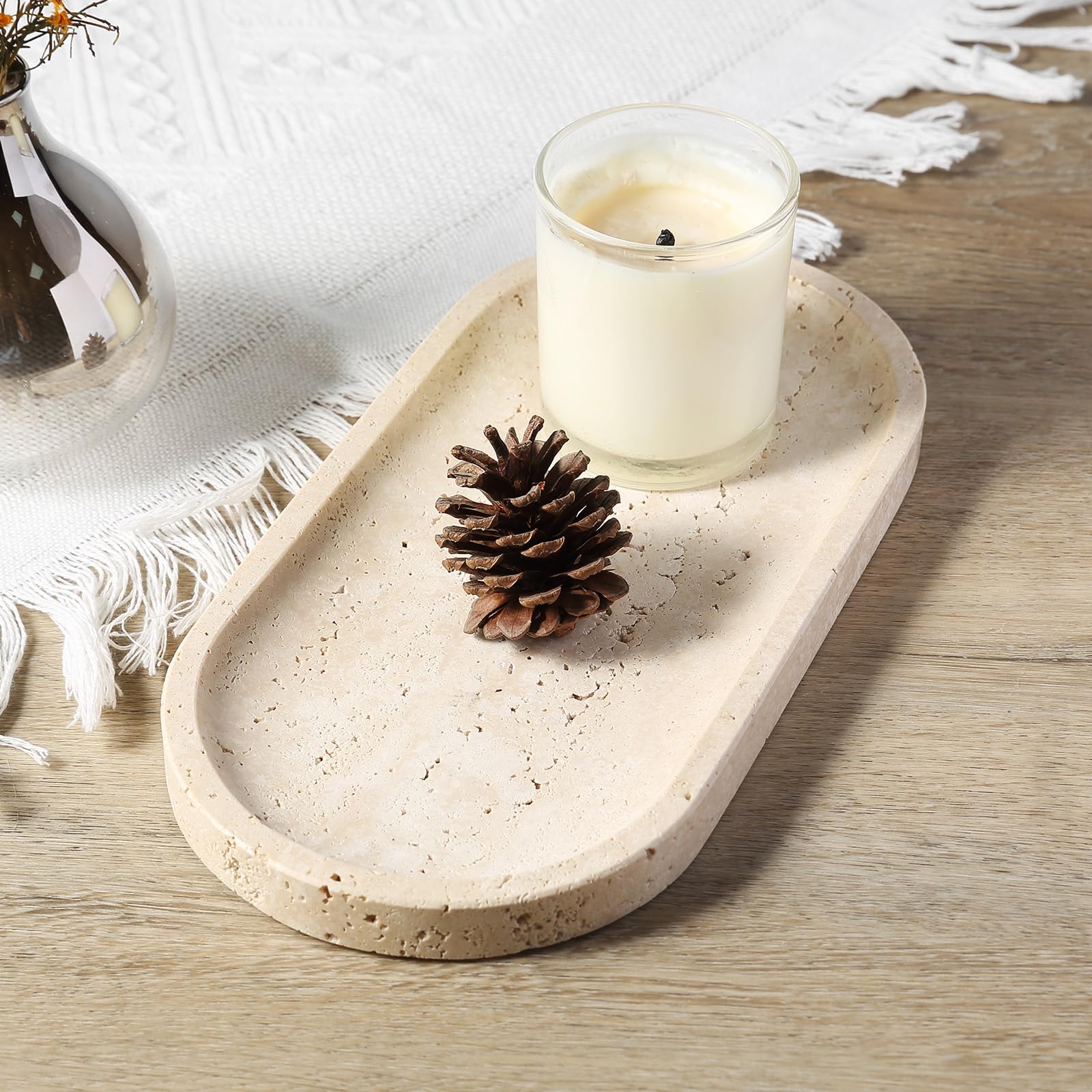 Koville Plateau en marbre naturel pour comptoir de salle de bain, 25,4 x 12,7 cm, plateau de rangement en marbre travertin pour parfum, cosmétiques, bijoux, plateau de coiffeuse en pierre pour la