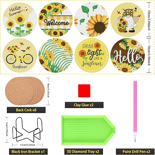 Miniatura 2 de JeCuiK 8 posavasos de pintura de diamante de girasol 5D DIY posavasos de diamante para adultos, niños, principiantes, regalos de Navidad,