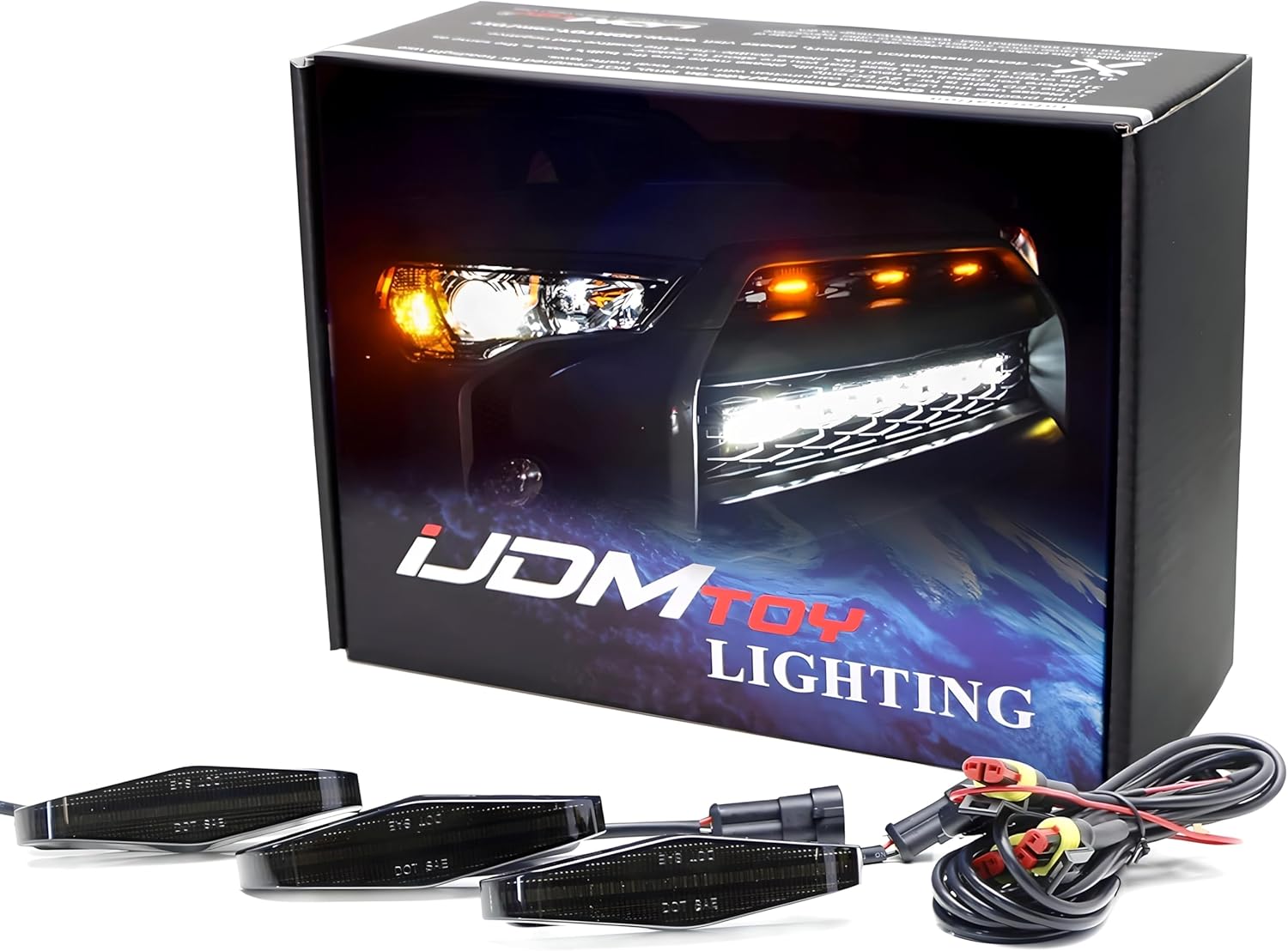 iJDMTOY 3pc Set Dark Smoked Lens Full LED Strip Front Grille Lighting Kit Compatible with 2014-up Toyota 4Runner, Includes (3) 24-SMD 2500K Amber LED Assy & Wiring Harness