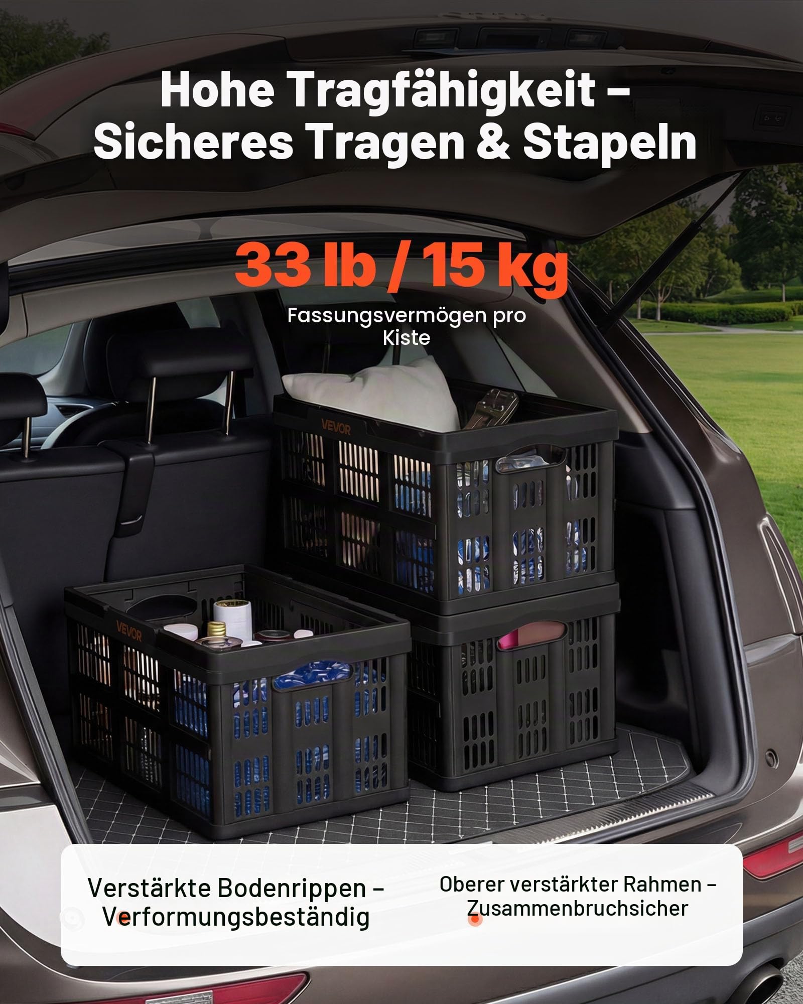VEVOR Klappbox 45 L 3er-Pack, Faltbare Aufbewahrungsboxen aus Kunststoff, Stapelbare Klappkörbe mit Griffen, Tragkraft 15 kg pro Box, Klappkiste, Ideal für Haushaltsorganisation, Schwarz