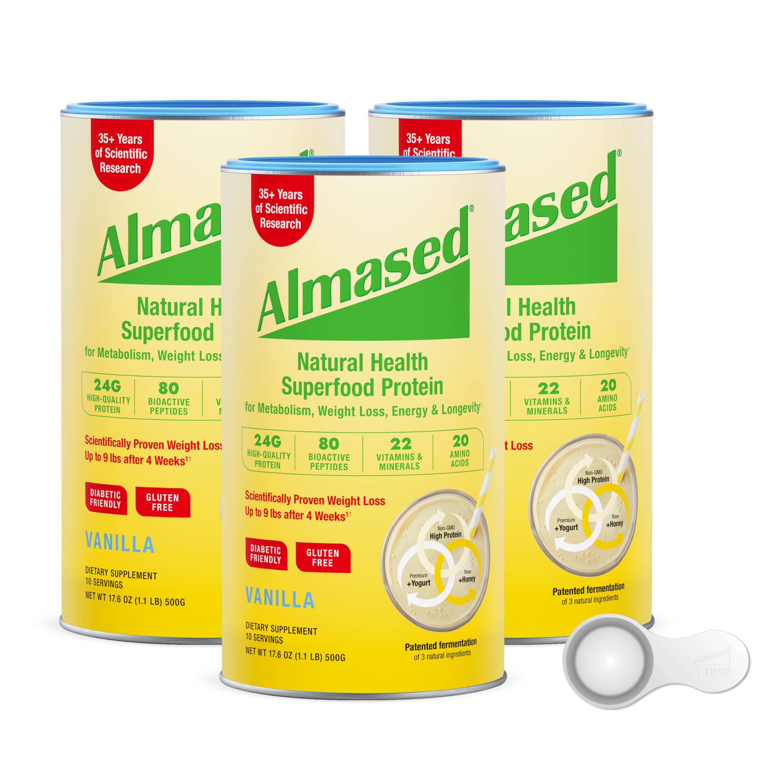 Almased Protein Powder for Weight Loss Kit for Men & Women, Natural Meal Replacement Shake for Weight Loss, Supplement, 24 Grams of Protein Per Serving (Almond Vanilla Flavor, 3 Cans @ 17.6 oz ea + Scoop)