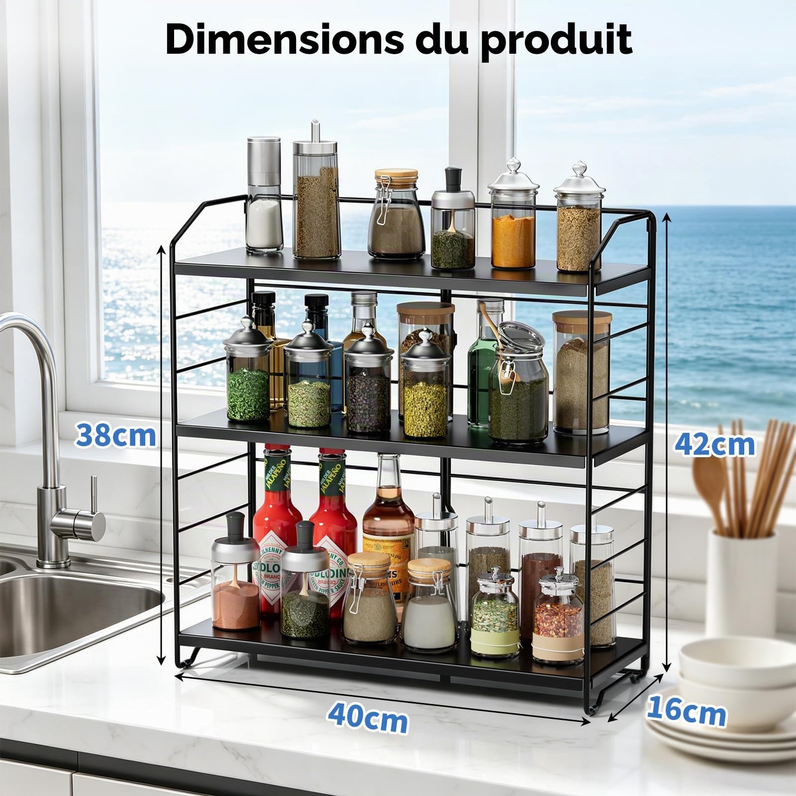 Étagère à Épices, Étagère de Rangement à 3 Niveaux Noir
