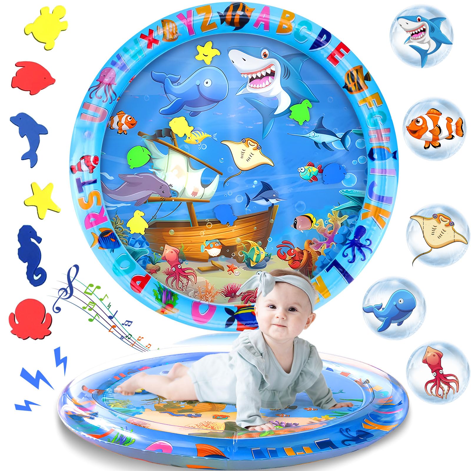 Tapis Eau Bebe Eveil, 63 x 63 cm Aquarium Bebe, Tapis Eau Gonflé Enfant PVC Imperméable, Motif de Dauphin Tapis Sensoriel Bébé, Rond Tapis pour d'eau Bébé 3 6 9 12 Mois