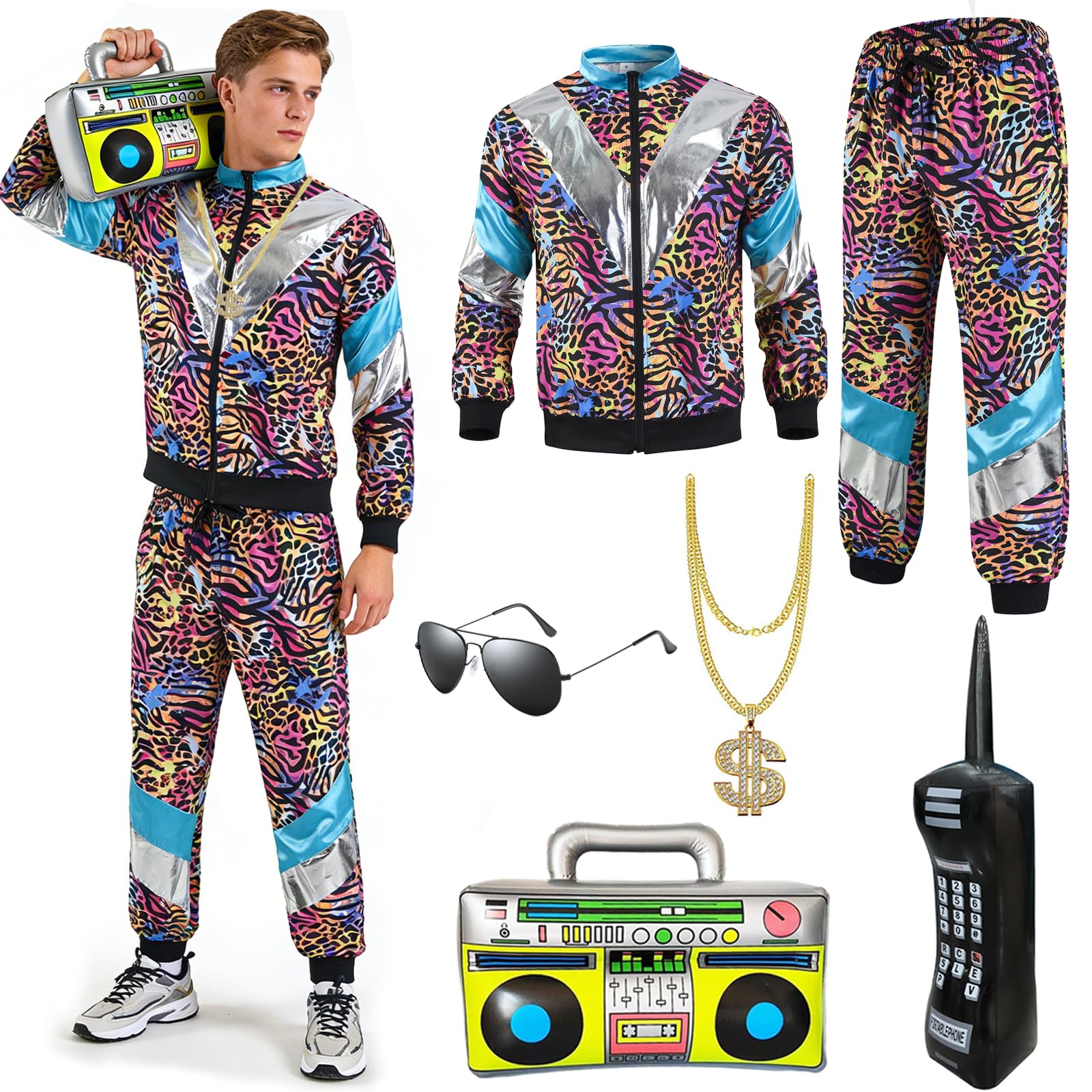 Xerteam 80s 90s Fancy Dress Men with Accessories, Retro 80s 90s Hip Hop Outfit for Adults, 80s Fancy Dress Set with 1 Sportswear Shirt Pant Hat Necklace Balloon Glasses (Leopard print, M)