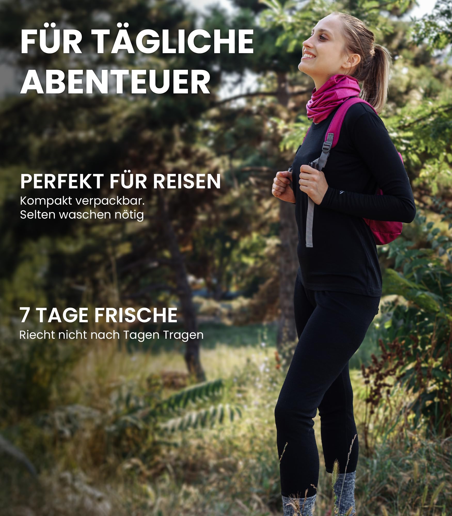 Merino.tech 100% Merino Unterwäsche Damen Set - Leicht, Mittelgewicht, Funktionsunterwäsche Merinowolle, Langarm Shirt und Hose + Wandersocken aus Merinowolle