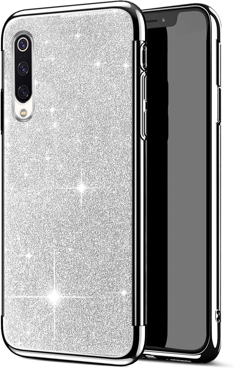 Felfy Compatible with Mi A3 Bling Glitter Case,Compatible with Mi CC9e Case Silver Plating Shiny Sparkle Soft TPU Silicone Rubber Transparent Clear Shockproof Slim Cover Case