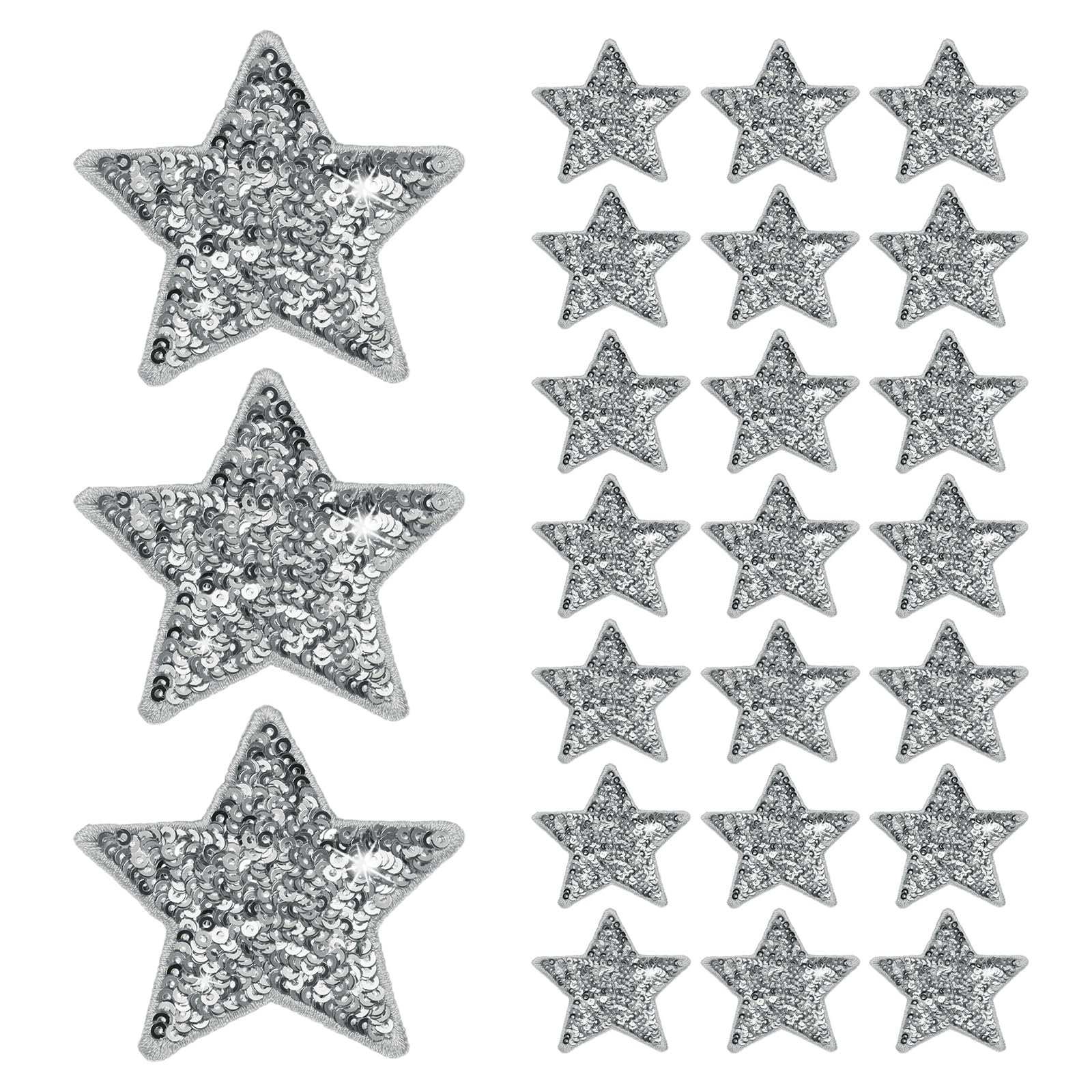 M METERXITY 24-Pack Sequin Star Iron Patches, 2.4x2.4in/6x6cm Colorful Shiny Patches Embroidery for Clothes/Hats/Bags/DIY/Repair Hole, Glitter Star Applique Sewing Patch [Silver]