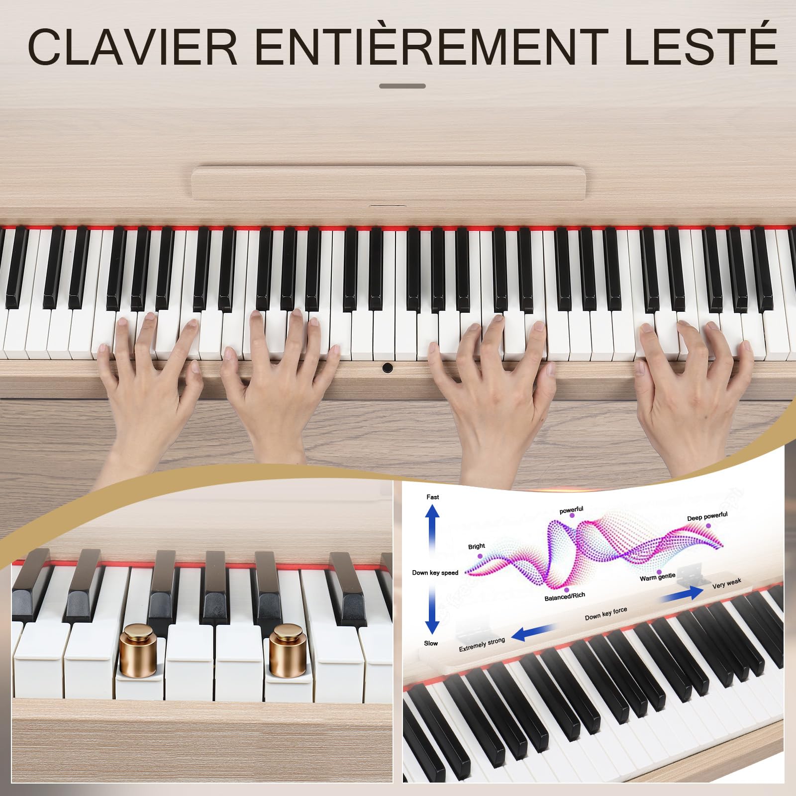 Bonnlo Piano GDP-203 Clavier numérique 88 touches standard entièrement pondéré avec support en métal, adaptateur secteur, triple pédales, casque, pour tous les niveaux, Bois de technologie naturelle