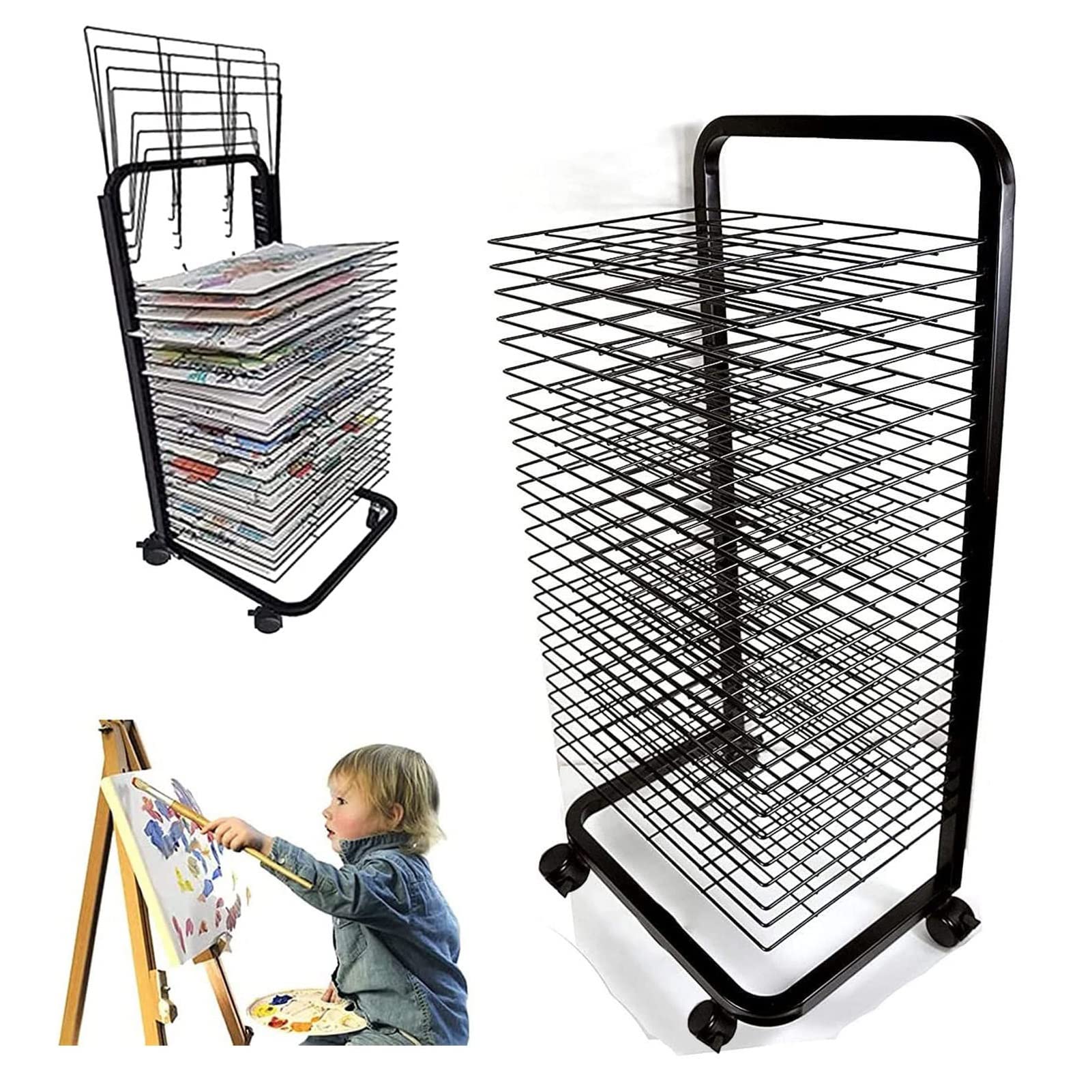 Aioneer Art Drying Rack - Mobile Paint Drying Rack, Painting Drying Rack With Wheels, Art Organizer For Kids, Stackable Metal Stainless Steel Art Rack, With Removable Shelves,20,layer/44x35x78cm