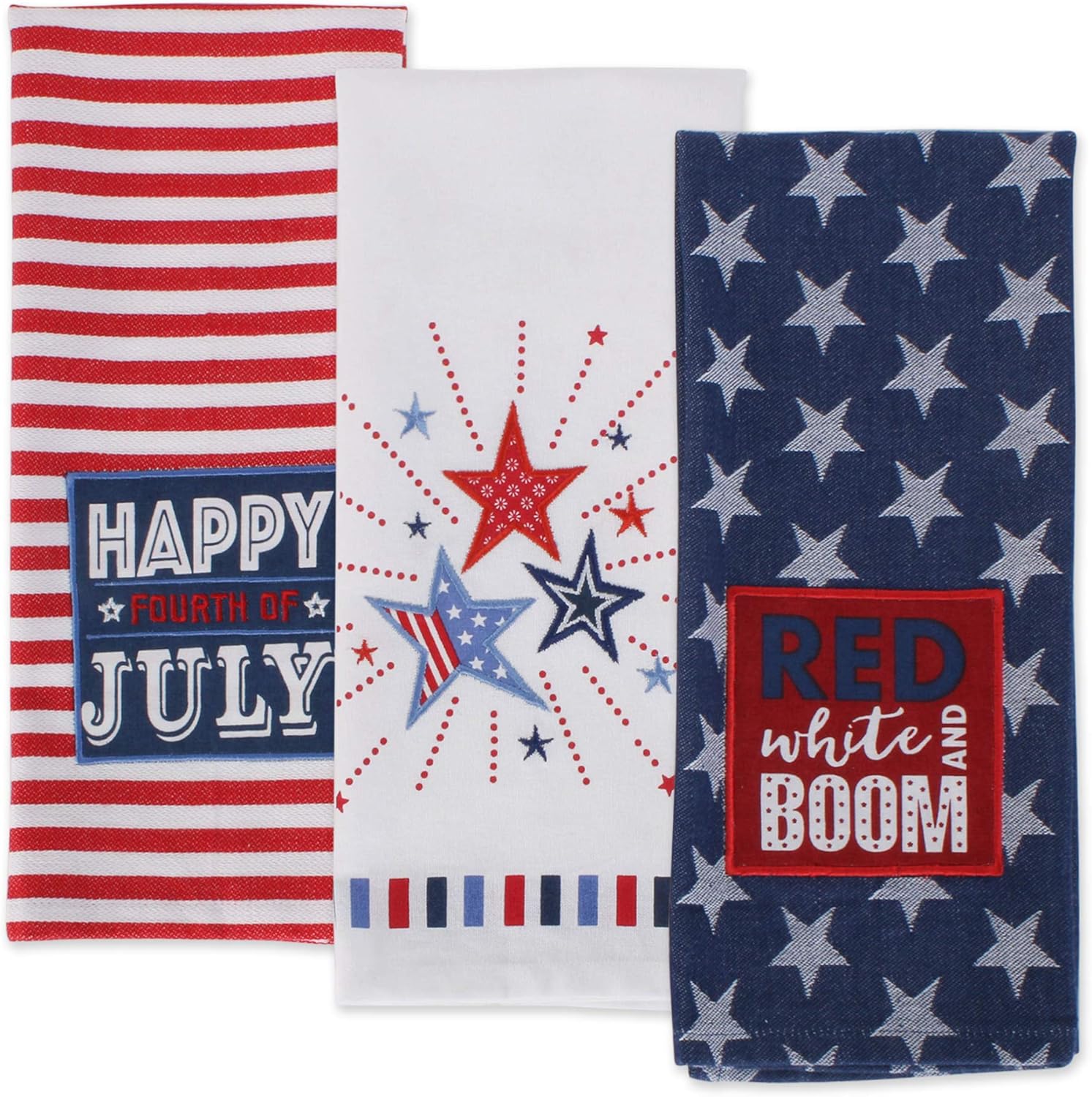 DII Patriotic Dish Towel Set 18x28, Decorative Kitchen Towels, Red White & Boom, 3 Count