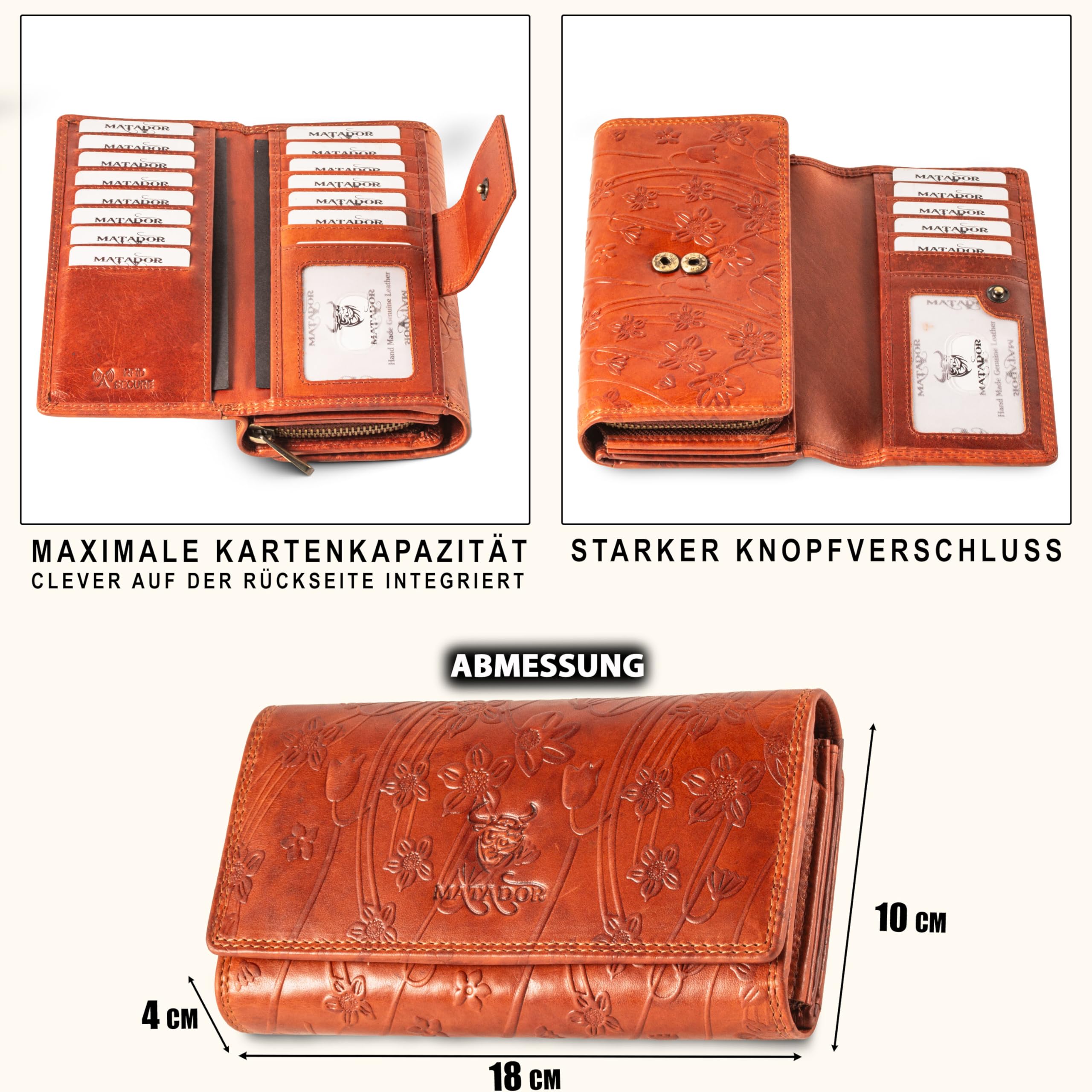 MATADOR Damska portmonetka z prawdziwej skóry, ochrona RFID, rozmiar XXL, wiele przegródek na karty, Brązowy nadruk, 18x 10 x 4.5 cm
