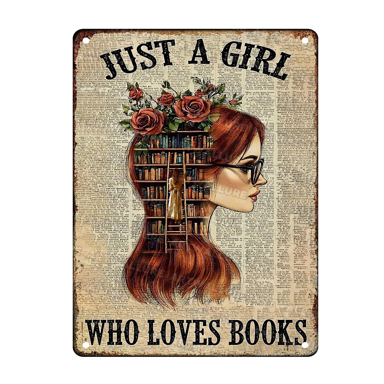 Book Vintage Tin Sign Just a Girl Who Loves Books Metal Tin Sign Library Study for Home Bar Pub Kitchen Garage Restaurant Wall Deocr 12x16inch