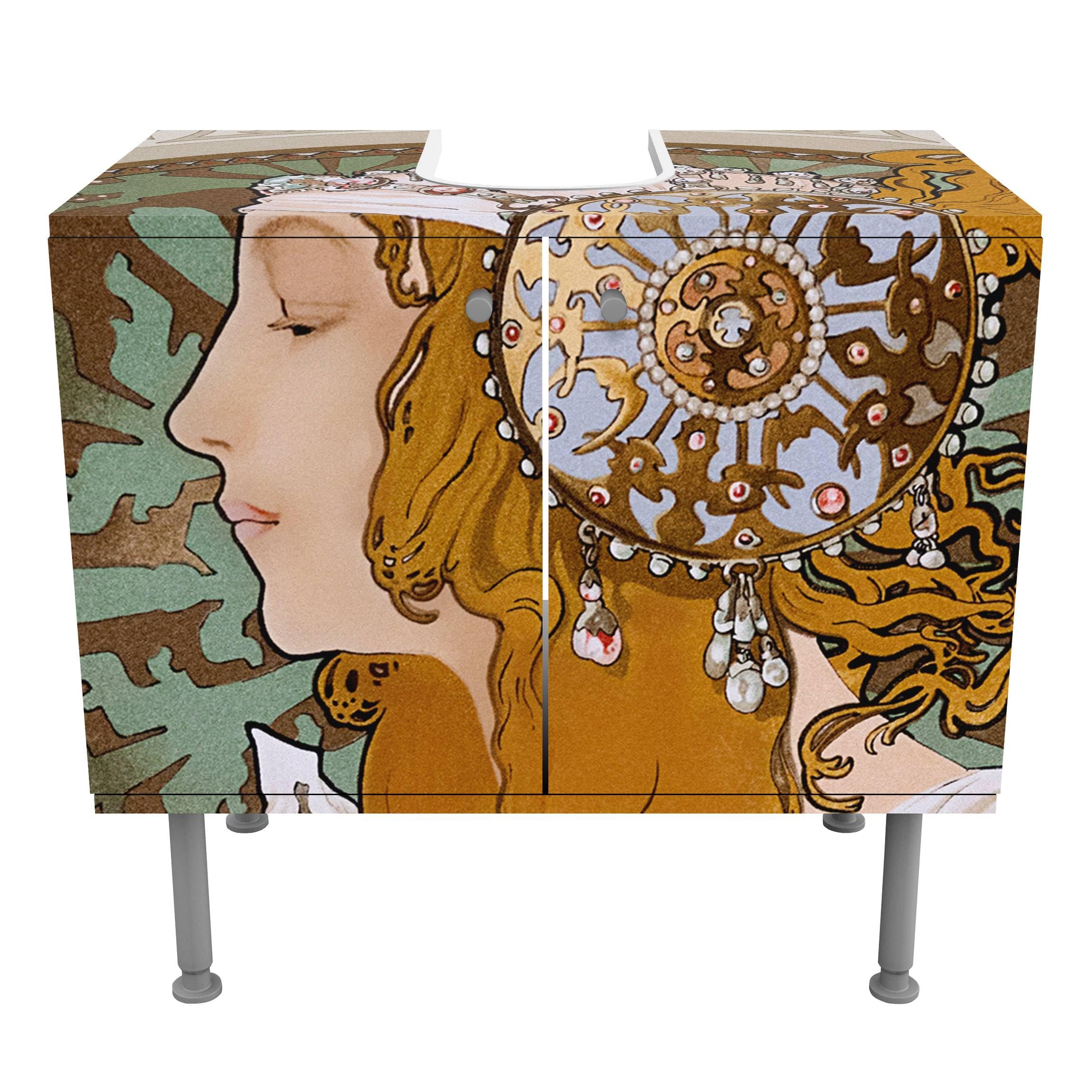 Waschbeckenunterschrank 2 Türen Kunst höhenverstellbar mit Füßen - 60er Breite - originell Retro Vintage Unterschrank beige Bad Gäste WC Möbel mit Motiv 1733