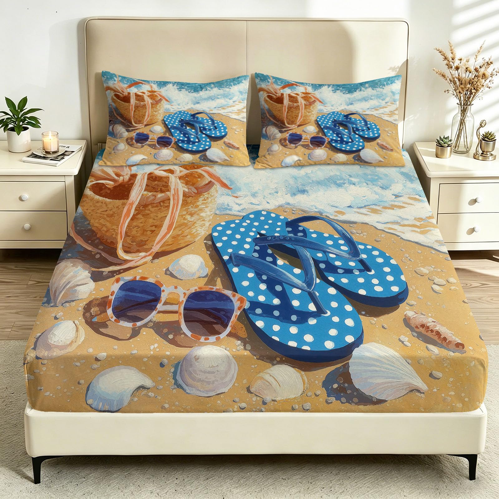 3-częściowy zestaw pościeli 135 x 200 cm, japonki, okulary przeciwsłoneczne, muszelki, prześcieradło z gumką + 2 poszewki na poduszki, letni zestaw pościeli plażowej dla dzieci, chłopców, dziewcząt