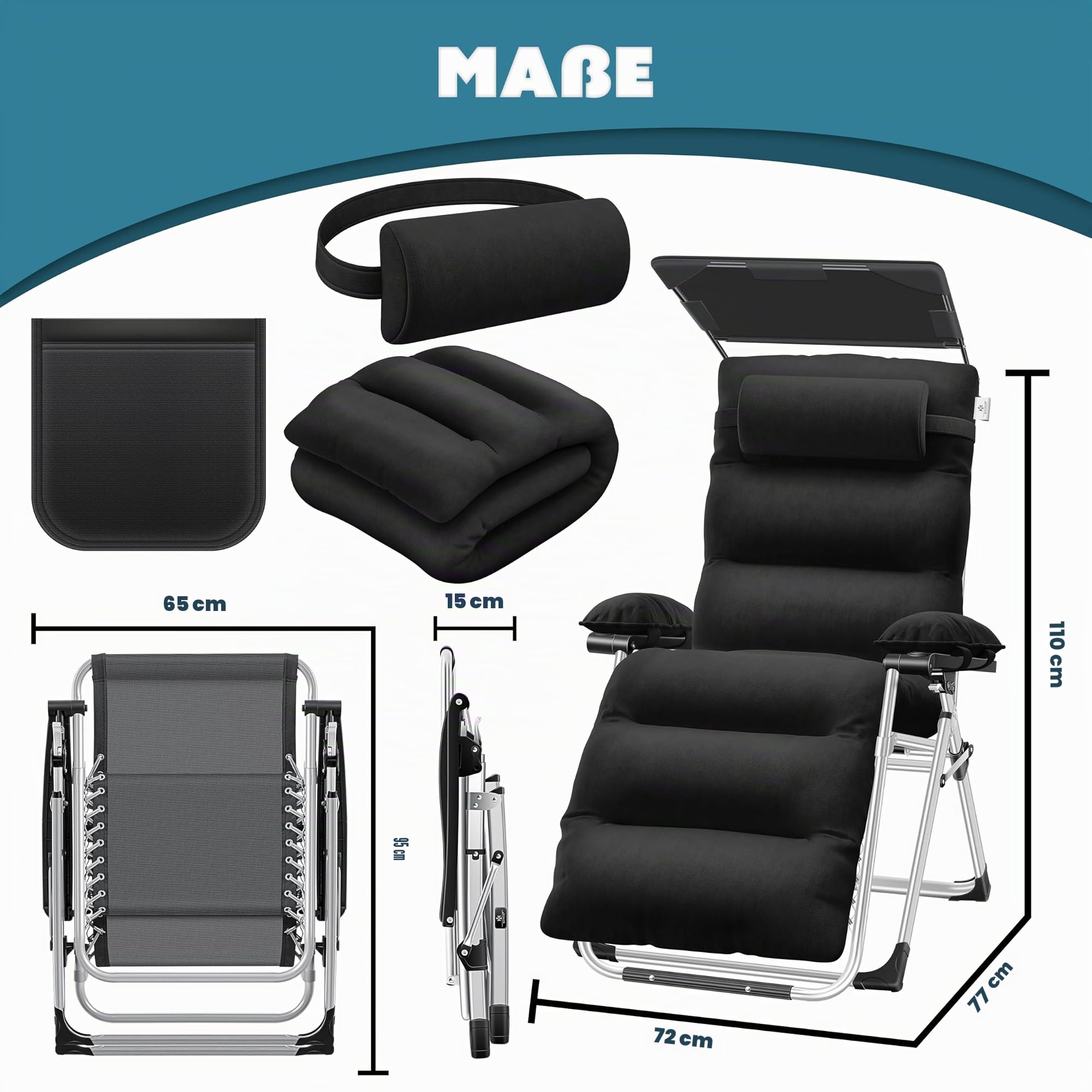 KESSER® Lettino XXL - pieghevole, Resistente alle Intemperie, Portata 200 kg, Rivestimento ergonomico, Schienale regolabile, Portabicchieri e Cuscino per le Braccia, Con Tenda - Nero