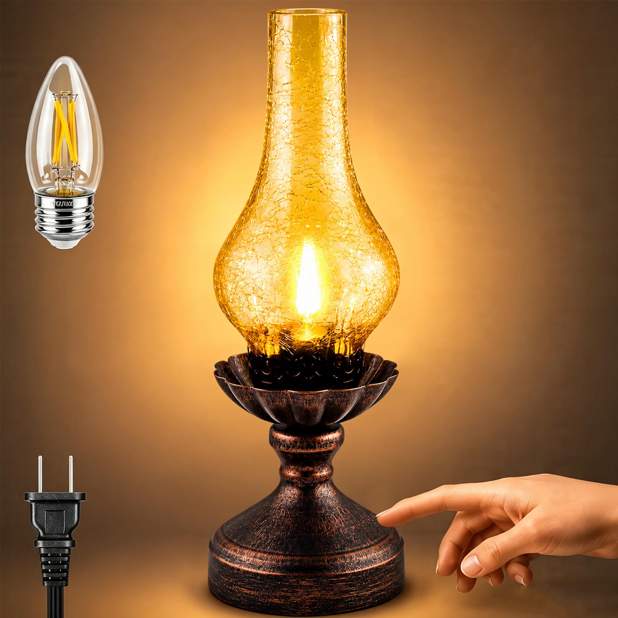 Vintage Table Lamp with Touch Control and 3-Way Dimmable Amber Glass Shade