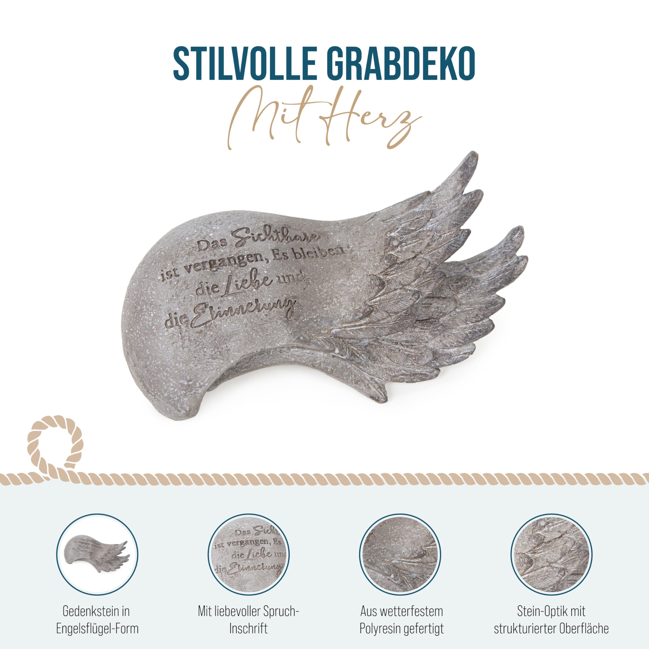 Grabdeko Engelsflügel mit Spruch: Grabschmuck Engel, Grabstein Wetterfest, Deko Grab, Friedhof & Urnengrab, Gedenkstein Figur, Grabdekoration Allerheiligen, Trauerstein, Andenken, 19,5 x 10,5 x 6,5 cm