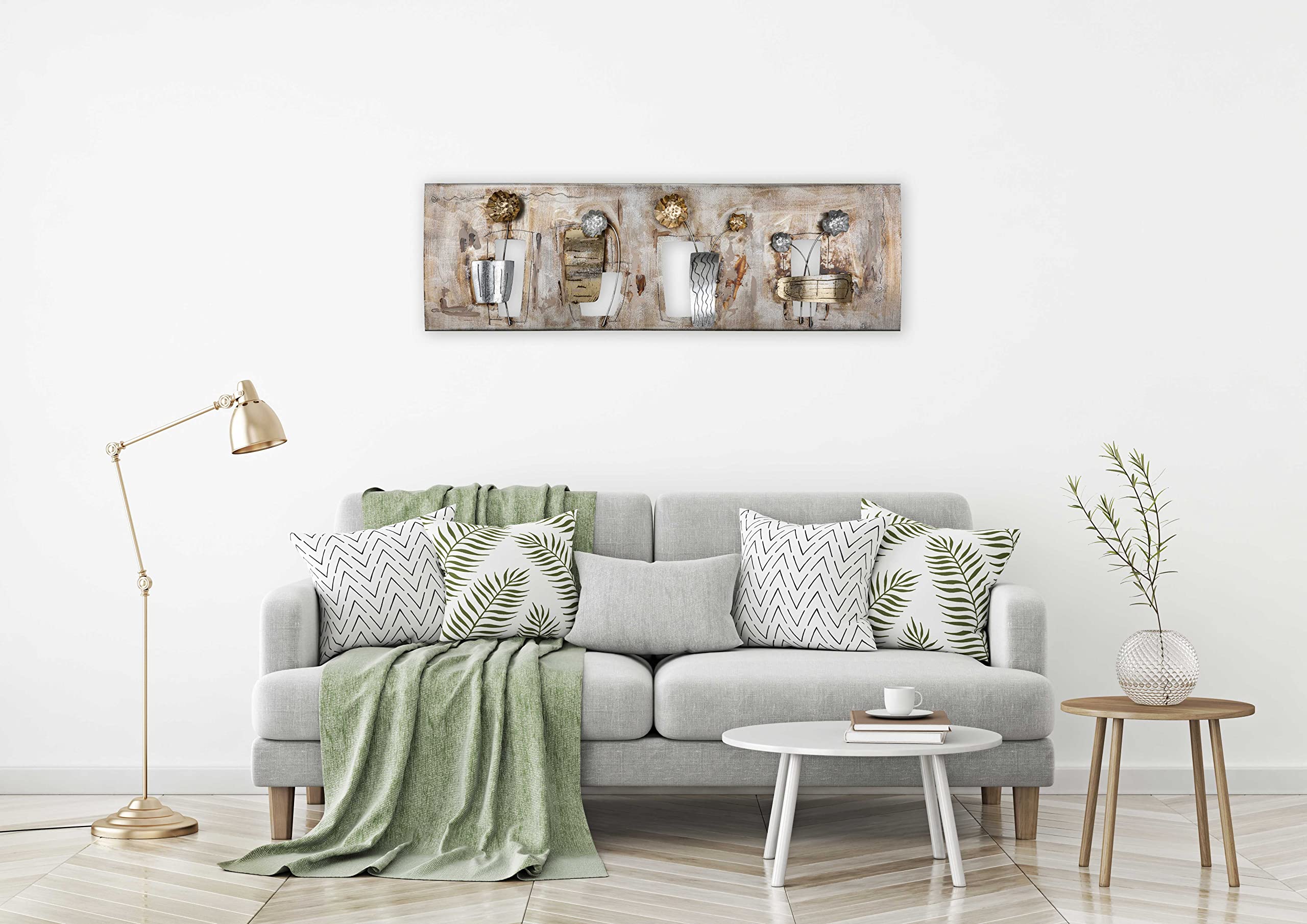 House of Arts | Metallbild 'Planteuse' | Moderne Wanddekoration mit Blumen | Wandbild 3D Wandrelief | Wanddeko Hergestellt in Handarbeit aus Metall | 120 x 40 cm | Bronze Silber Gold