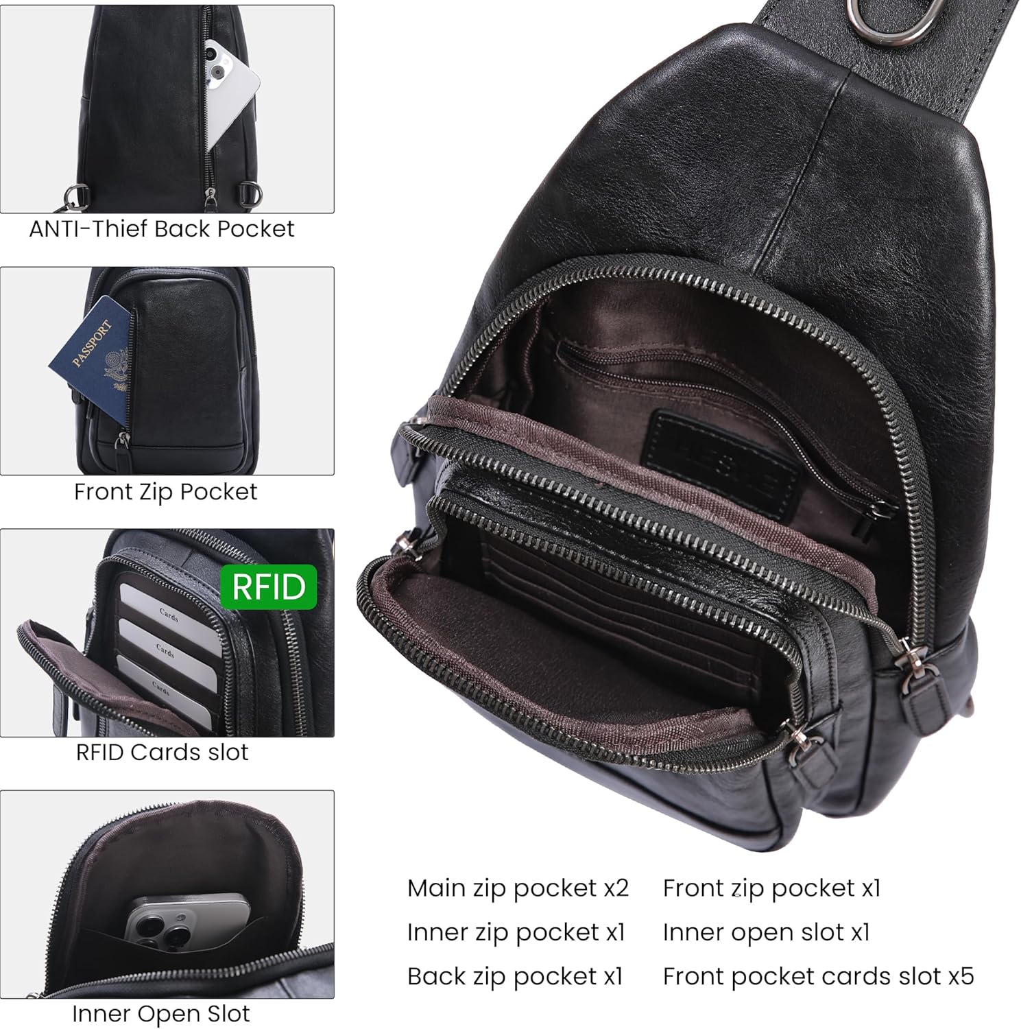 HESHE Leather Sling Bag for Women Crossbody Bags with Multi-Pocket Stylish Fanny Packs for Travel Chest Bag - Image 7