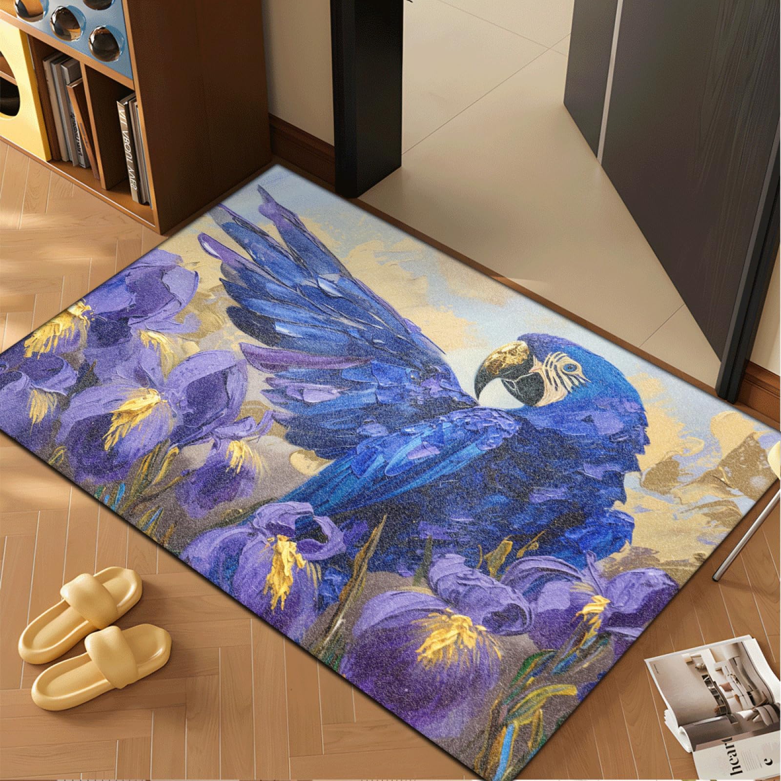 Fussmatte Innen 80x120 cm Papagei Lila Blume Fussmatte Aussen rutschfeste für Hund Eingang Badematte Waschbar Schmutzfangmatte Strapazierfähige und Langlebige Fussmatten Haustür