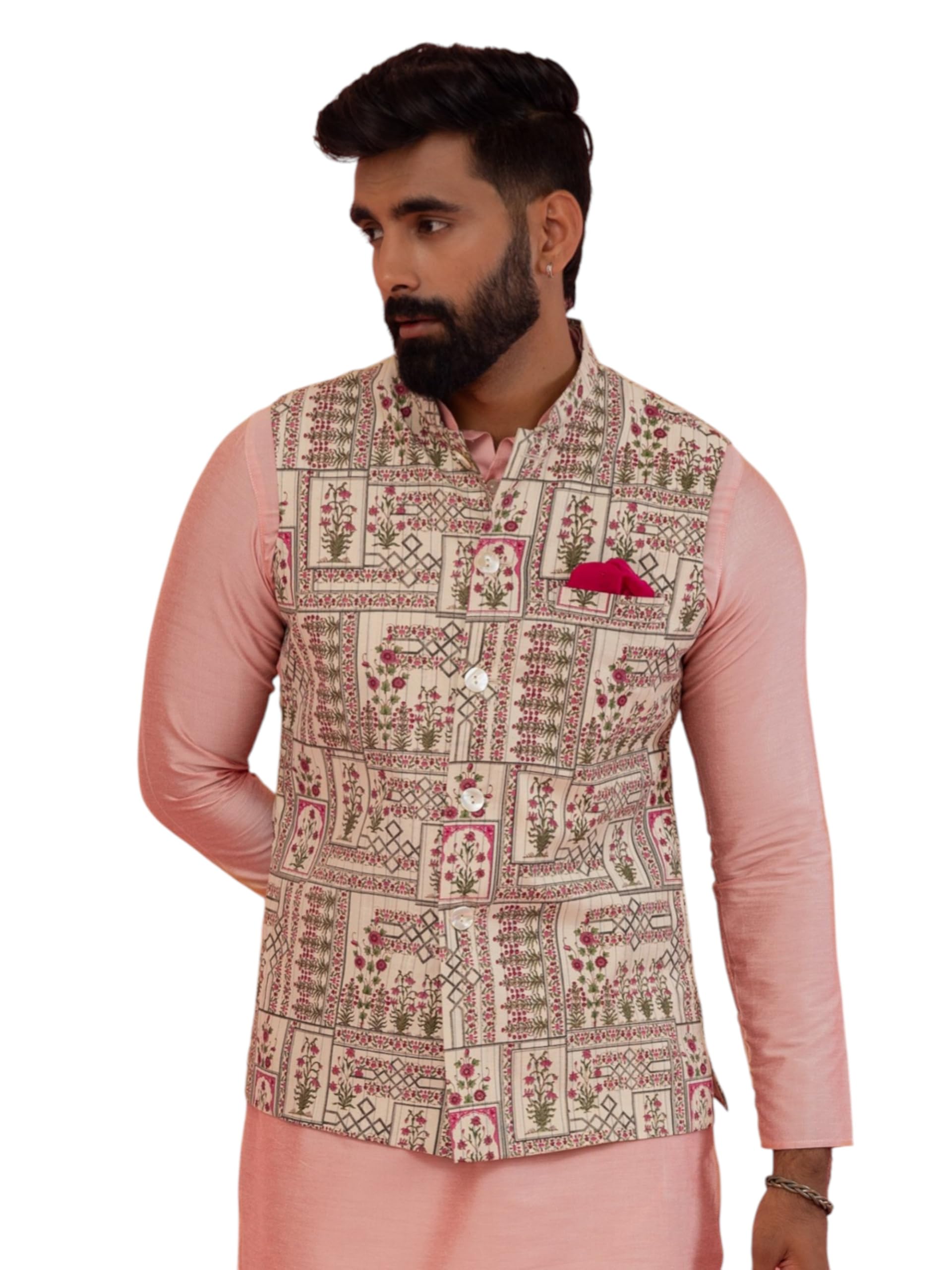 Kisah Men Off White Green Printed Nehru Jacket Ethnic Festive Waistcoat Cotton, Regular Fit