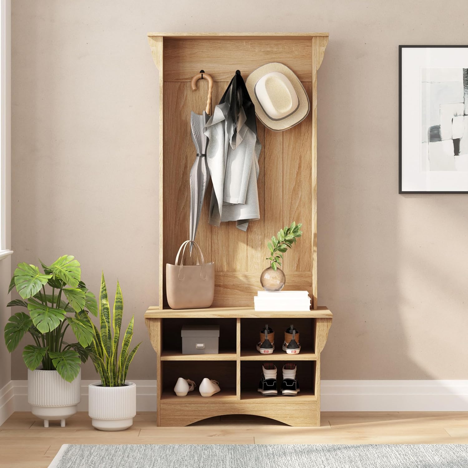 Taylor & Logan Olive Hall Tree with Storage Bench, Divided Lower Cubbies with Adjustable Shelves, 3 Metal Single Coat Hooks, 31.5" Wide, Weathered Wood