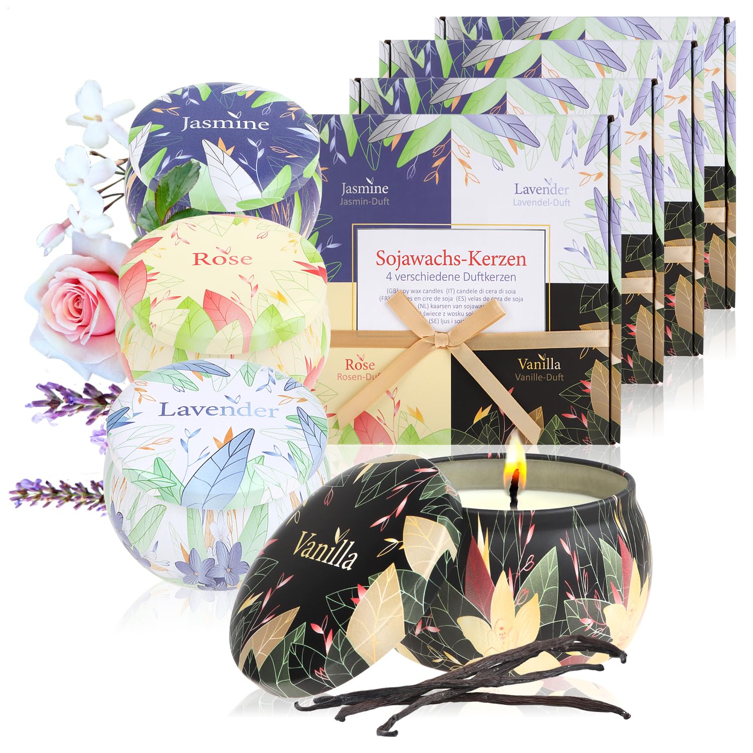 com-four® 4X Geschenk-Box mit insgesamt 16 Duftkerzen - 4 Kerzen je Set für Frauen und Männer - Geschenk für Geburtstag und Muttertag - Kerzen für Aromatherapie, Entspannung